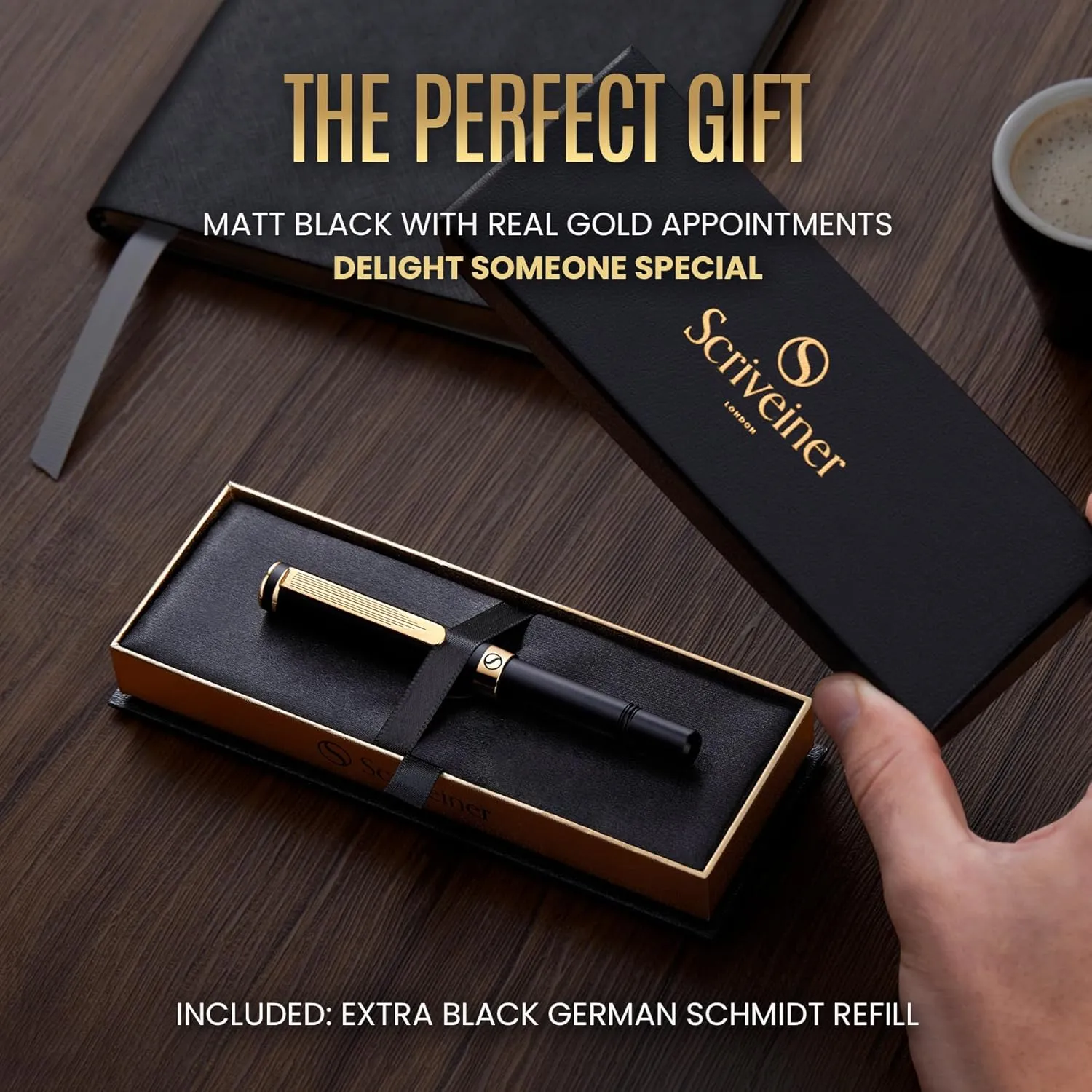 Scriveiner Black Rollerball EDC Luxury Pen, Stunning Pocket Roller ball with Real Gold Finish, Great Gift for Men & Women with German Schmidt Refill, Nice Present, Fancy Office Designer Pen