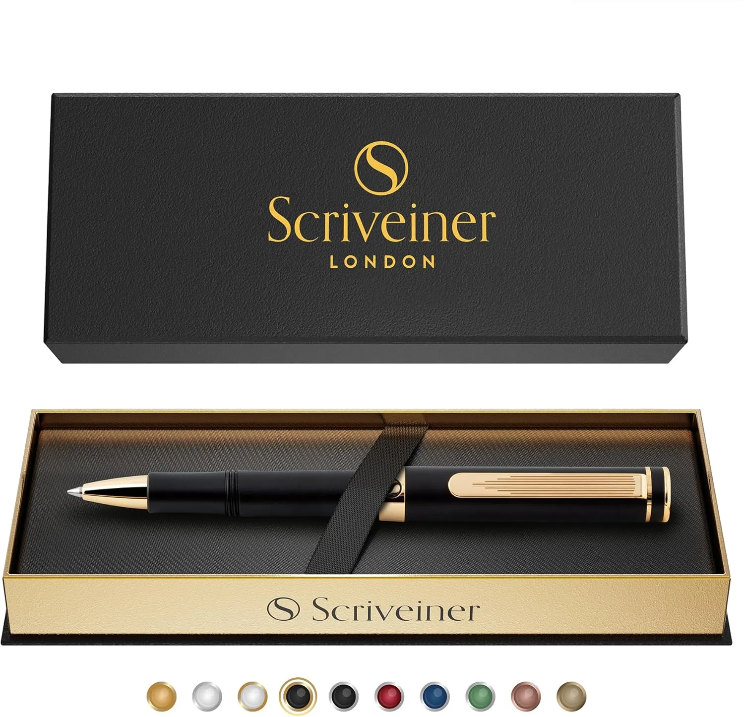 Scriveiner Black Rollerball EDC Luxury Pen, Stunning Pocket Roller ball with Real Gold Finish, Great Gift for Men & Women with German Schmidt Refill, Nice Present, Fancy Office Designer Pen