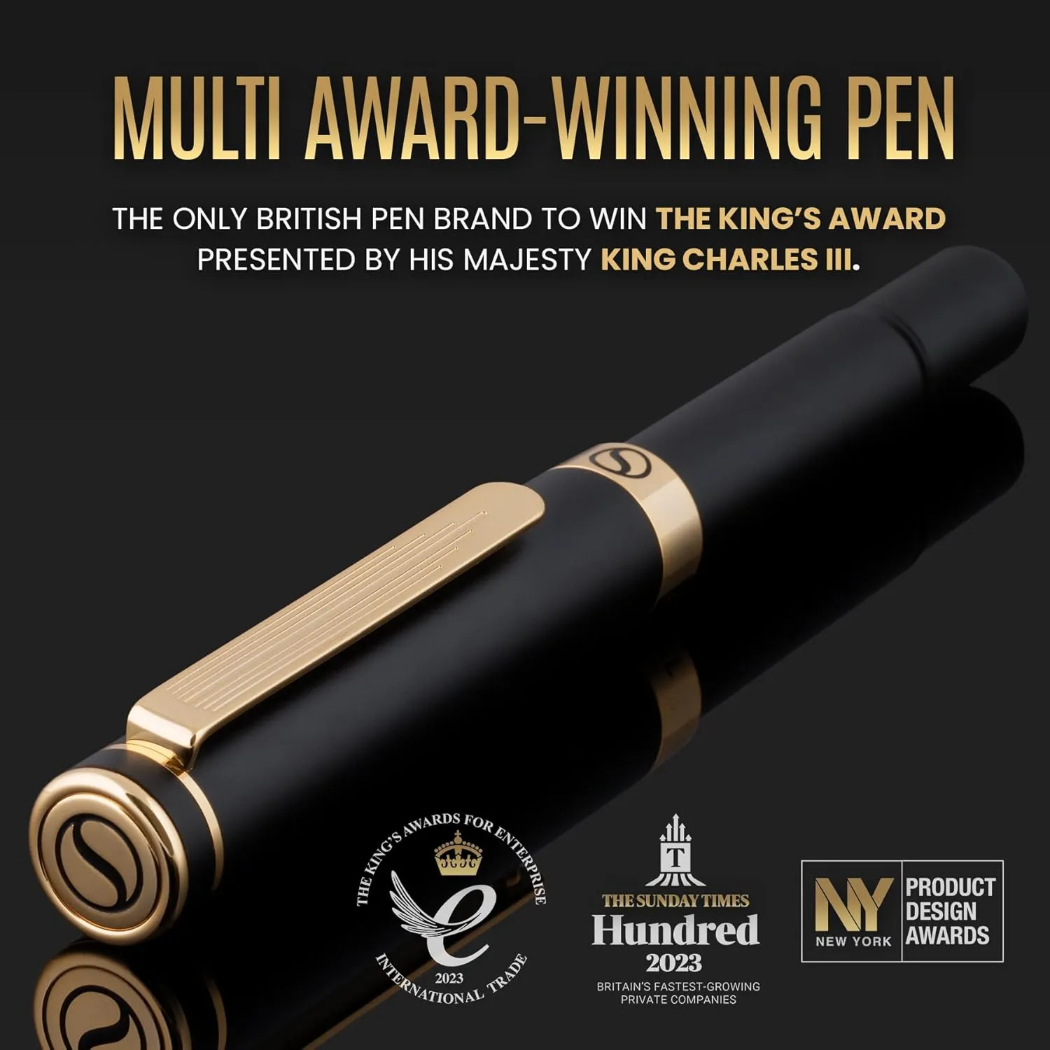 Scriveiner Black Rollerball EDC Luxury Pen, Stunning Pocket Roller ball with Real Gold Finish, Great Gift for Men & Women with German Schmidt Refill, Nice Present, Fancy Office Designer Pen
