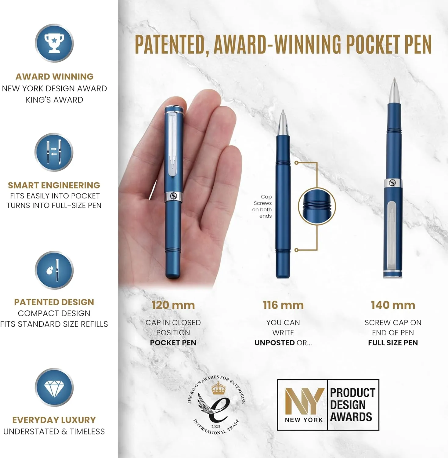 Scriveiner Blue Rollerball EDC Luxury Pen, Stunning Pocket Pen with Chrome Finish, Cool Writing Pen, Best Pen Gift for Men & Women, German Schmidt Refill, Nice Present, Fancy Office Designer Pen Set