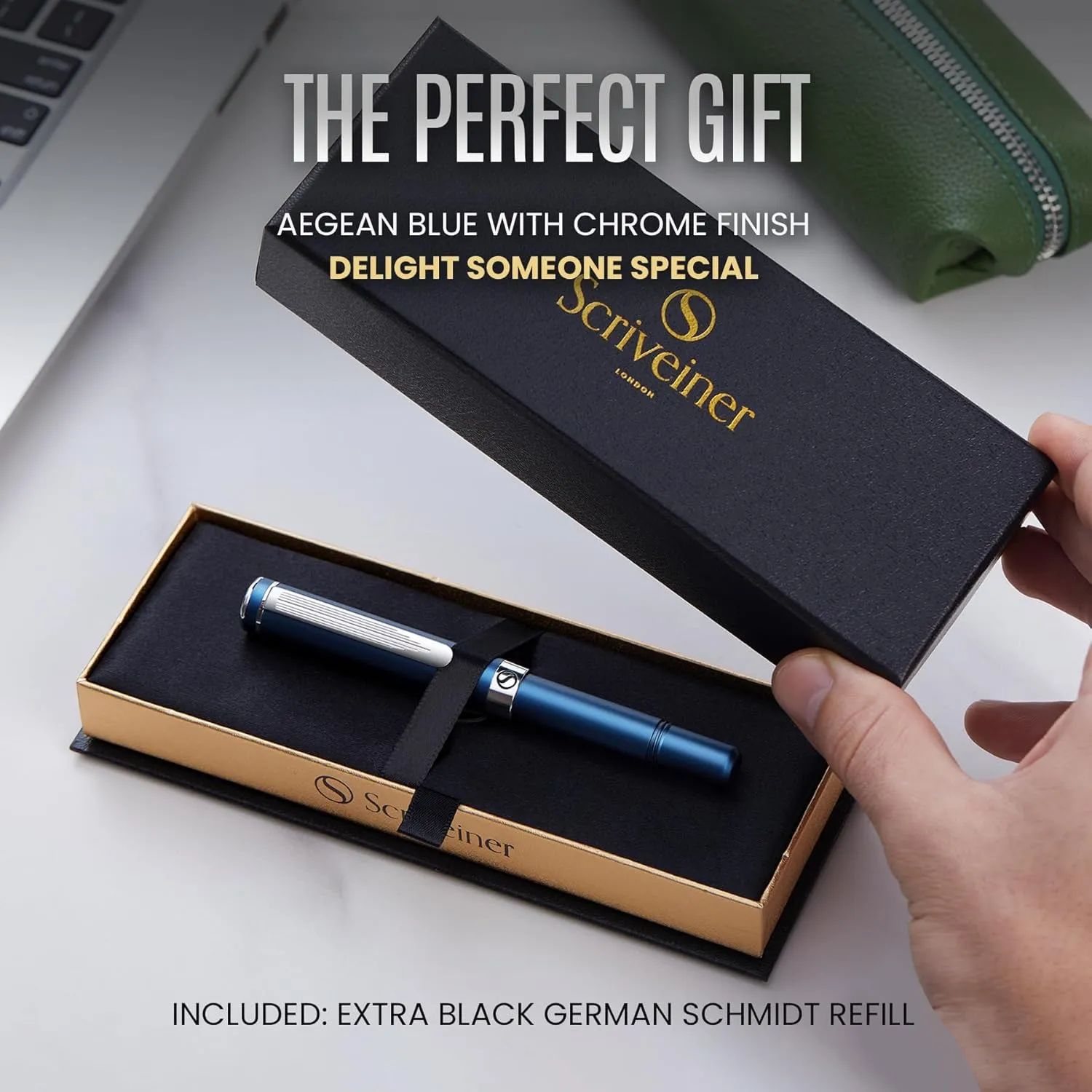 Scriveiner Blue Rollerball EDC Luxury Pen, Stunning Pocket Pen with Chrome Finish, Cool Writing Pen, Best Pen Gift for Men & Women, German Schmidt Refill, Nice Present, Fancy Office Designer Pen Set