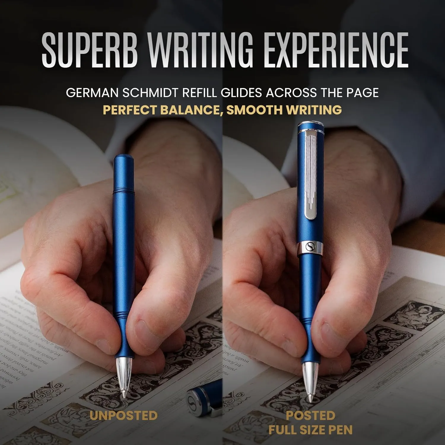 Scriveiner Blue Rollerball EDC Luxury Pen, Stunning Pocket Pen with Chrome Finish, Cool Writing Pen, Best Pen Gift for Men & Women, German Schmidt Refill, Nice Present, Fancy Office Designer Pen Set