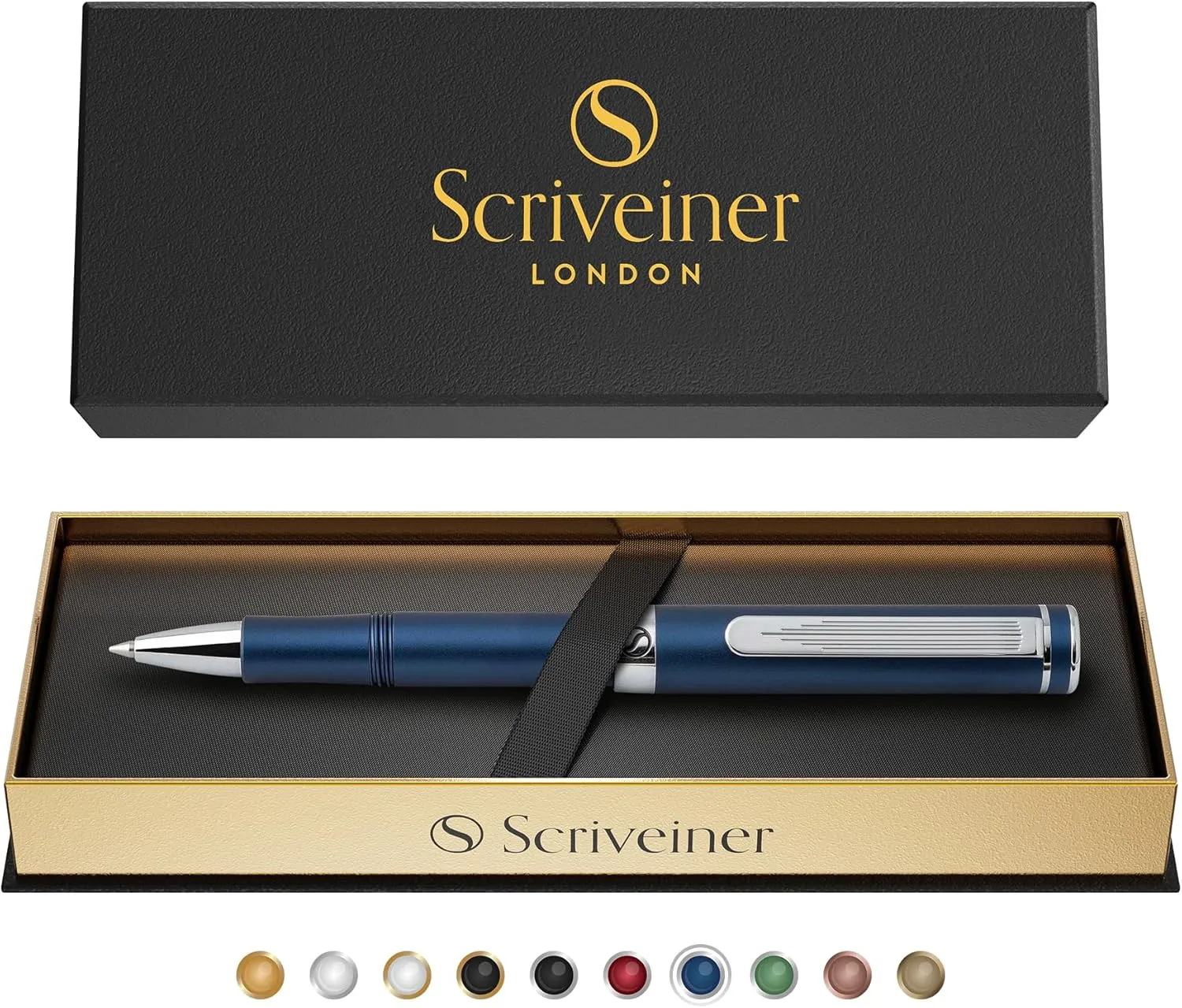 Scriveiner Blue Rollerball EDC Luxury Pen, Stunning Pocket Pen with Chrome Finish, Cool Writing Pen, Best Pen Gift for Men & Women, German Schmidt Refill, Nice Present, Fancy Office Designer Pen Set