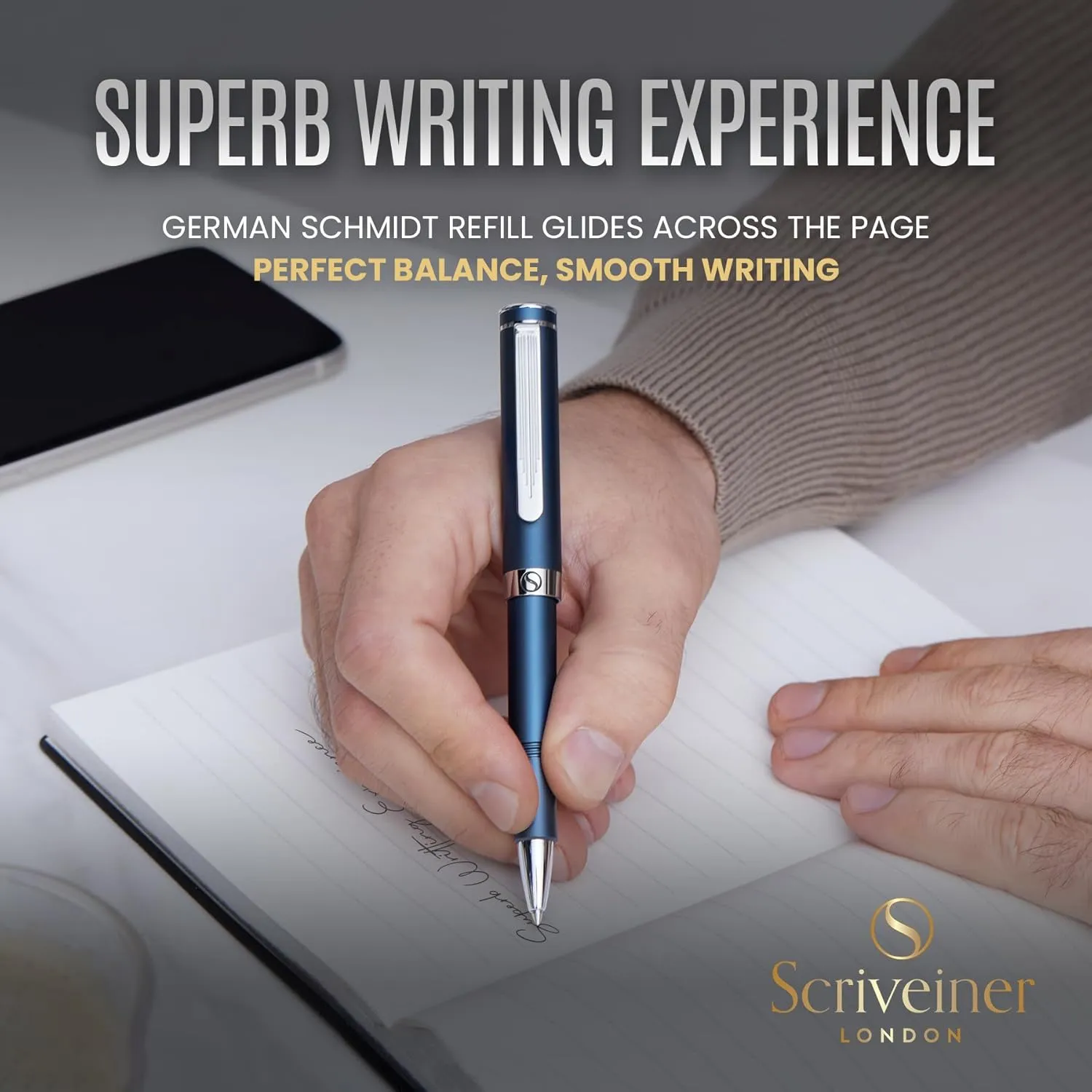 Scriveiner Blue Rollerball EDC Luxury Pen, Stunning Pocket Pen with Chrome Finish, Cool Writing Pen, Best Pen Gift for Men & Women, German Schmidt Refill, Nice Present, Fancy Office Designer Pen Set
