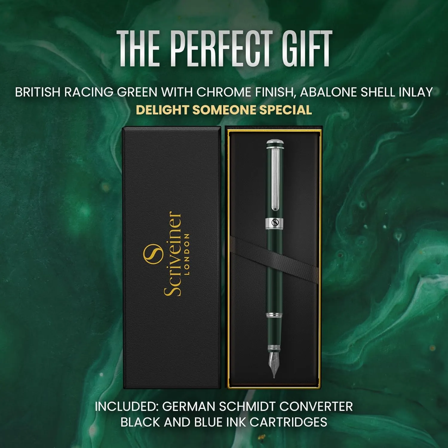 Scriveiner British Racing Green Fountain Pen - Stunning Luxury Pen with Chrome Finish, Schmidt Nib (Medium), Best Pen Gift Set for Men & Women, Professional, Executive, Office, Nice Pens