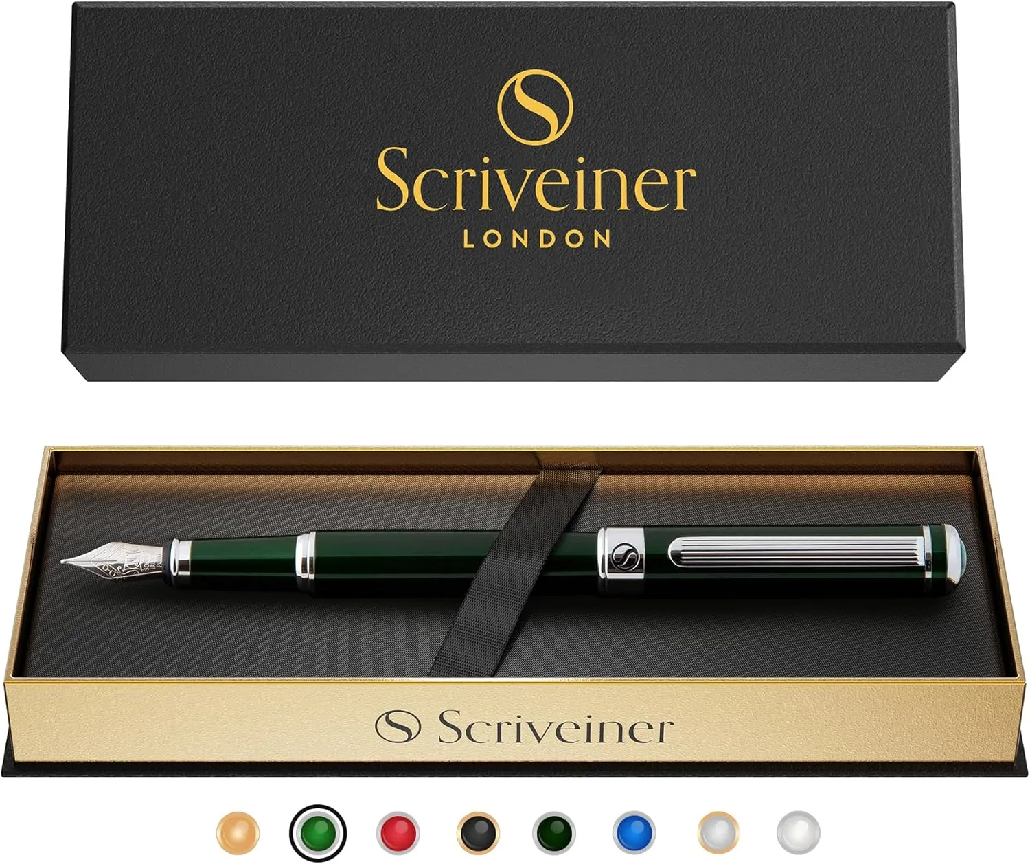 Scriveiner British Racing Green Fountain Pen - Stunning Luxury Pen with Chrome Finish, Schmidt Nib (Medium), Best Pen Gift Set for Men & Women, Professional, Executive, Office, Nice Pens