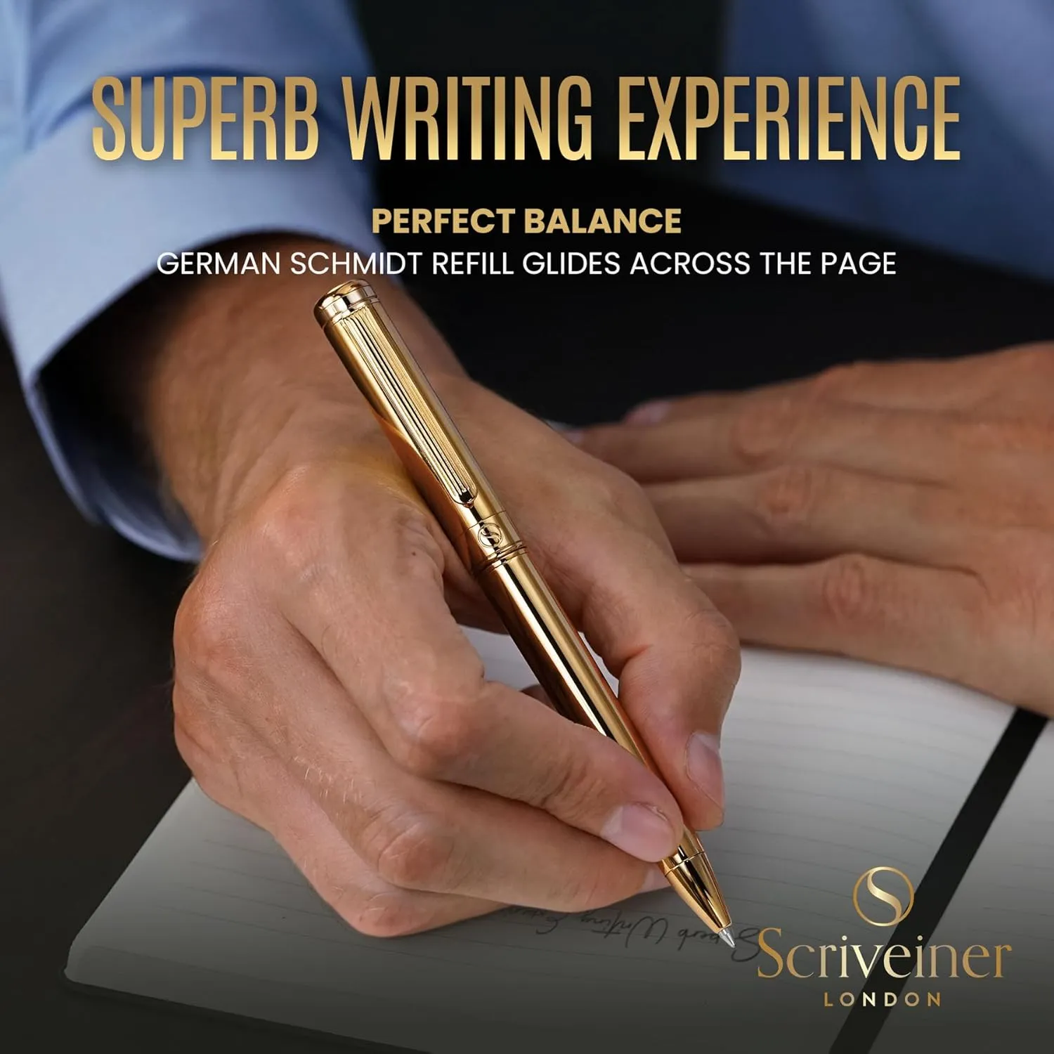 Scriveiner Gold Ballpoint Pen - Stunning Luxury Pen, Real Gold Plating, Schmidt Black Refill, Best Ball Pen Gift Set for Men & Women, Professional Executive Office, Nice Fancy Designer Pens