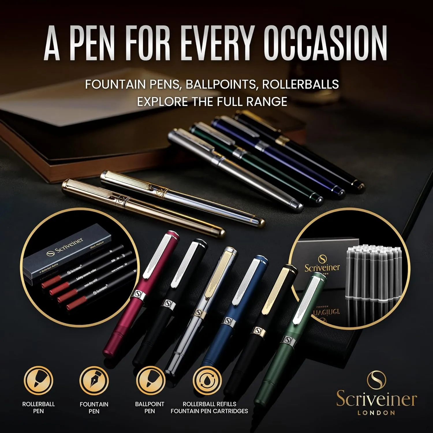 Scriveiner Gold Ballpoint Pen - Stunning Luxury Pen, Real Gold Plating, Schmidt Black Refill, Best Ball Pen Gift Set for Men & Women, Professional Executive Office, Nice Fancy Designer Pens