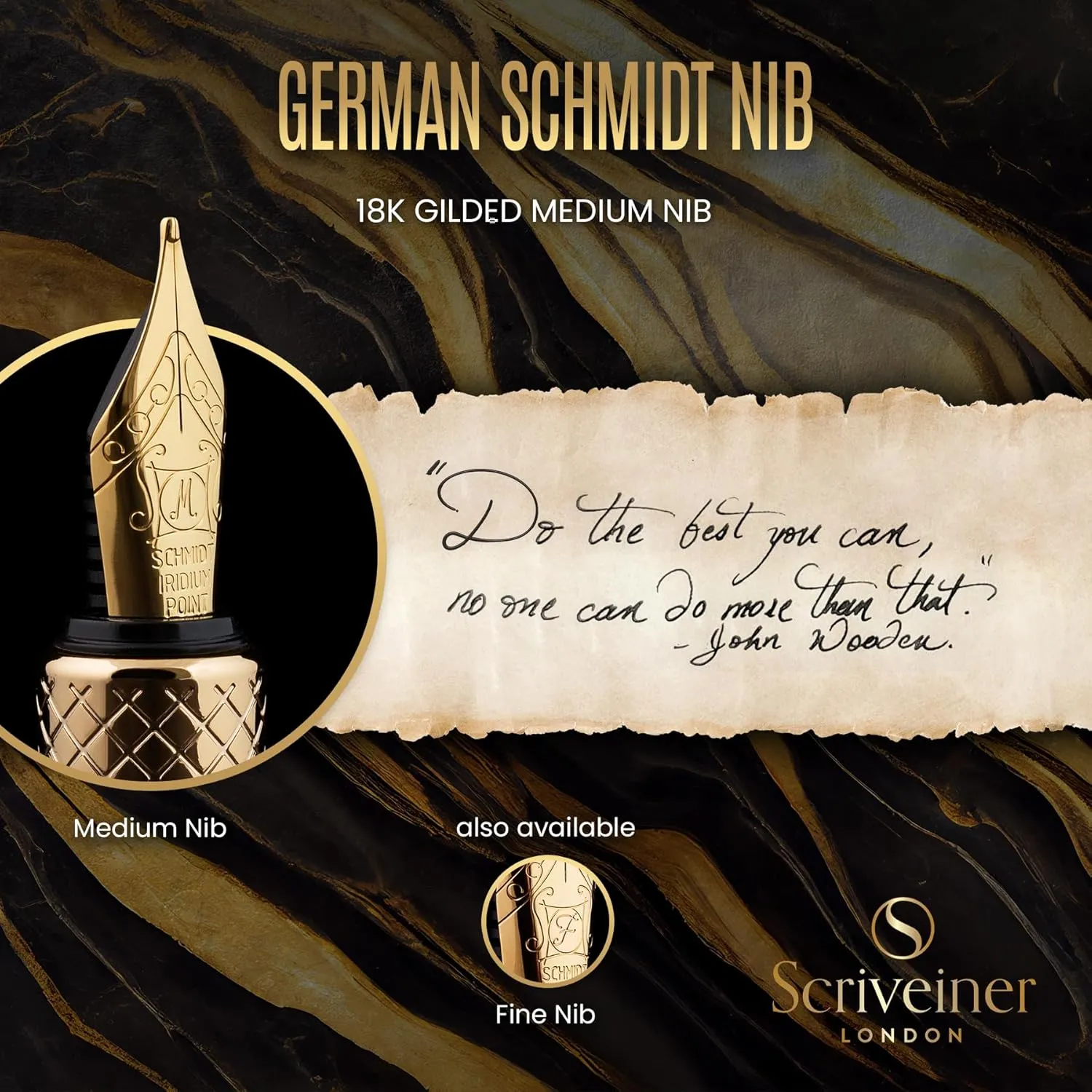 Scriveiner Gold Luxury Fountain Pen (Medium) - Award Winning - Heavy Pocket Stunning Luxury Pen, Real Gold Plating, German Nib & Converter, Nice Gift Pens for Men & Women
