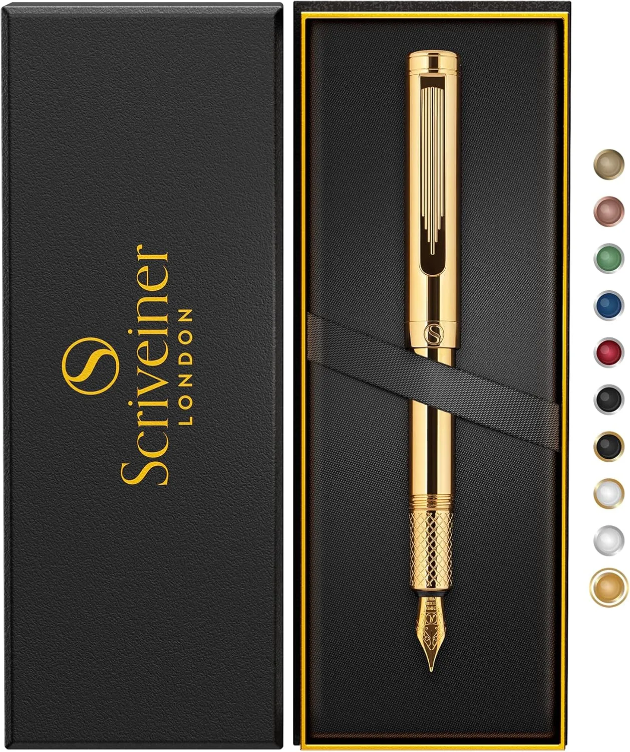 Scriveiner Gold Luxury Fountain Pen (Medium) - Award Winning - Heavy Pocket Stunning Luxury Pen, Real Gold Plating, German Nib & Converter, Nice Gift Pens for Men & Women