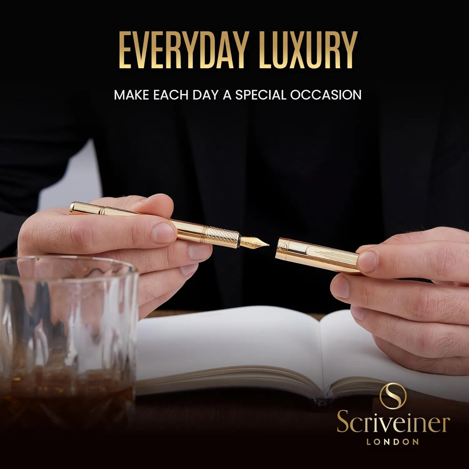 Scriveiner Gold Luxury Fountain Pen (Medium) - Award Winning - Heavy Pocket Stunning Luxury Pen, Real Gold Plating, German Nib & Converter, Nice Gift Pens for Men & Women
