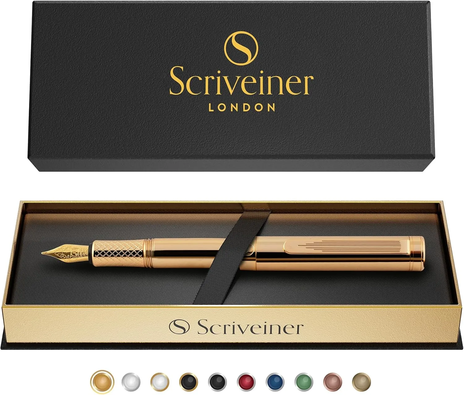 Scriveiner Gold Luxury Fountain Pen (Medium) - Award Winning - Heavy Pocket Stunning Luxury Pen, Real Gold Plating, German Nib & Converter, Nice Gift Pens for Men & Women
