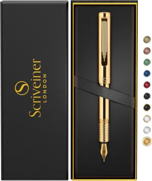 Scriveiner Gold Luxury Fountain Pen (Medium) - Award Winning - Heavy Pocket Stunning Luxury Pen, Real Gold Plating, German Nib & Converter, Nice Gift Pens for Men & Women