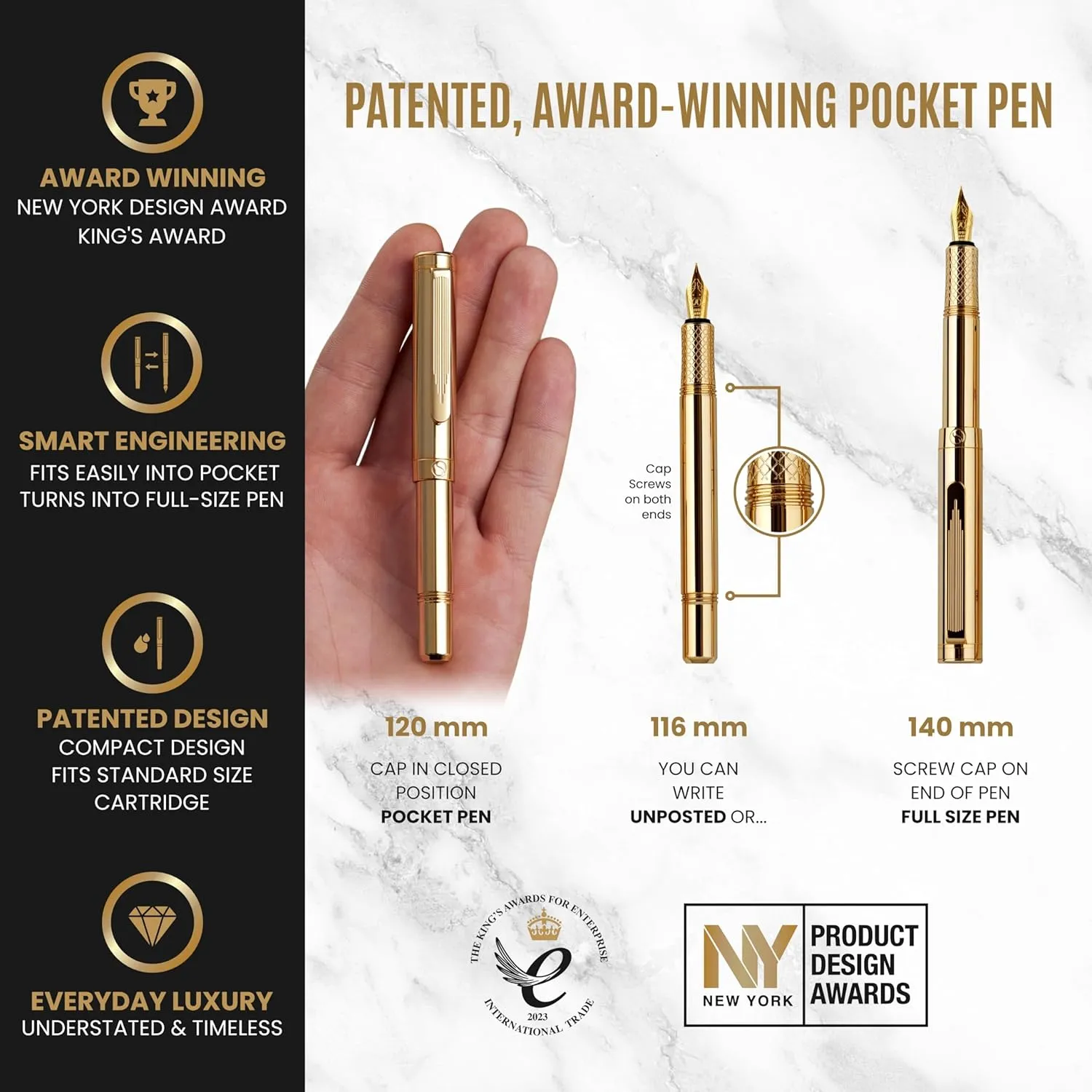 Scriveiner Gold Luxury Fountain Pen (Medium) - Award Winning - Heavy Pocket Stunning Luxury Pen, Real Gold Plating, German Nib & Converter, Nice Gift Pens for Men & Women