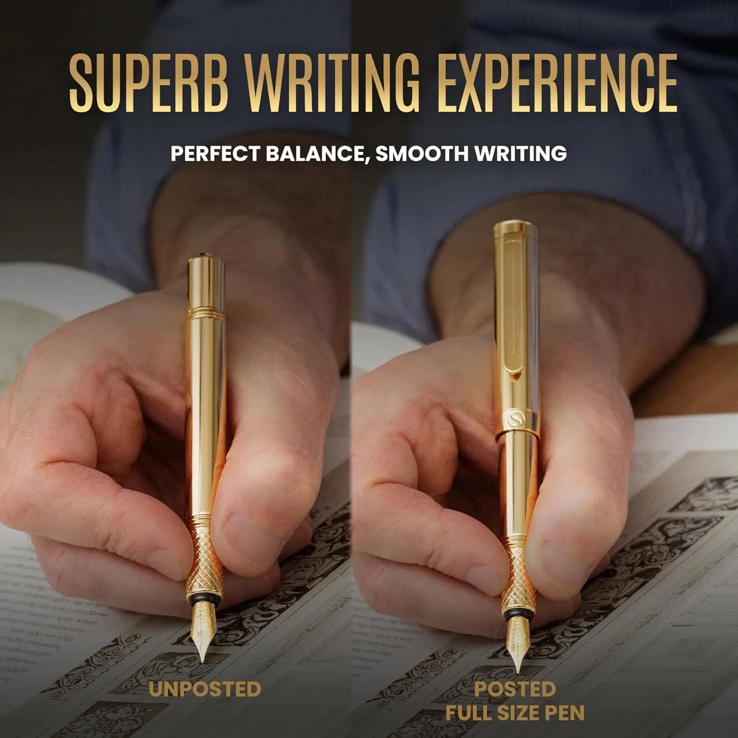 Scriveiner Gold Luxury Fountain Pen (Medium) - Award Winning - Heavy Pocket Stunning Luxury Pen, Real Gold Plating, German Nib & Converter, Nice Gift Pens for Men & Women