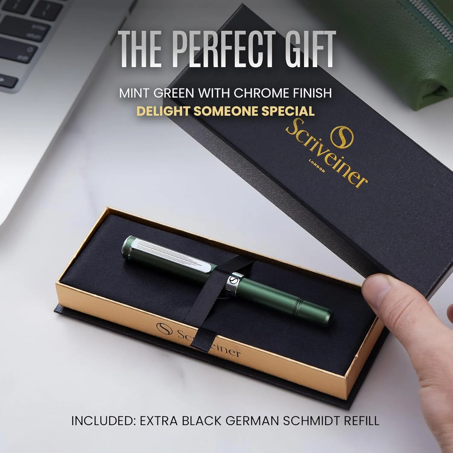 Scriveiner Green Rollerball EDC Luxury Pen - Stunning Pocket Writing Instrument With Chrome Finish for Men & Women - German Schmidt Refill - Fancy Office Designer Set