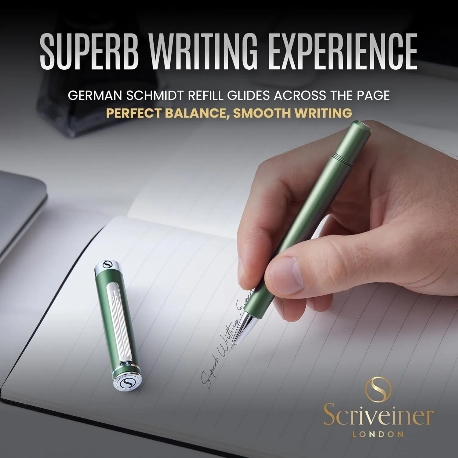 Scriveiner Green Rollerball EDC Luxury Pen - Stunning Pocket Writing Instrument With Chrome Finish for Men & Women - German Schmidt Refill - Fancy Office Designer Set