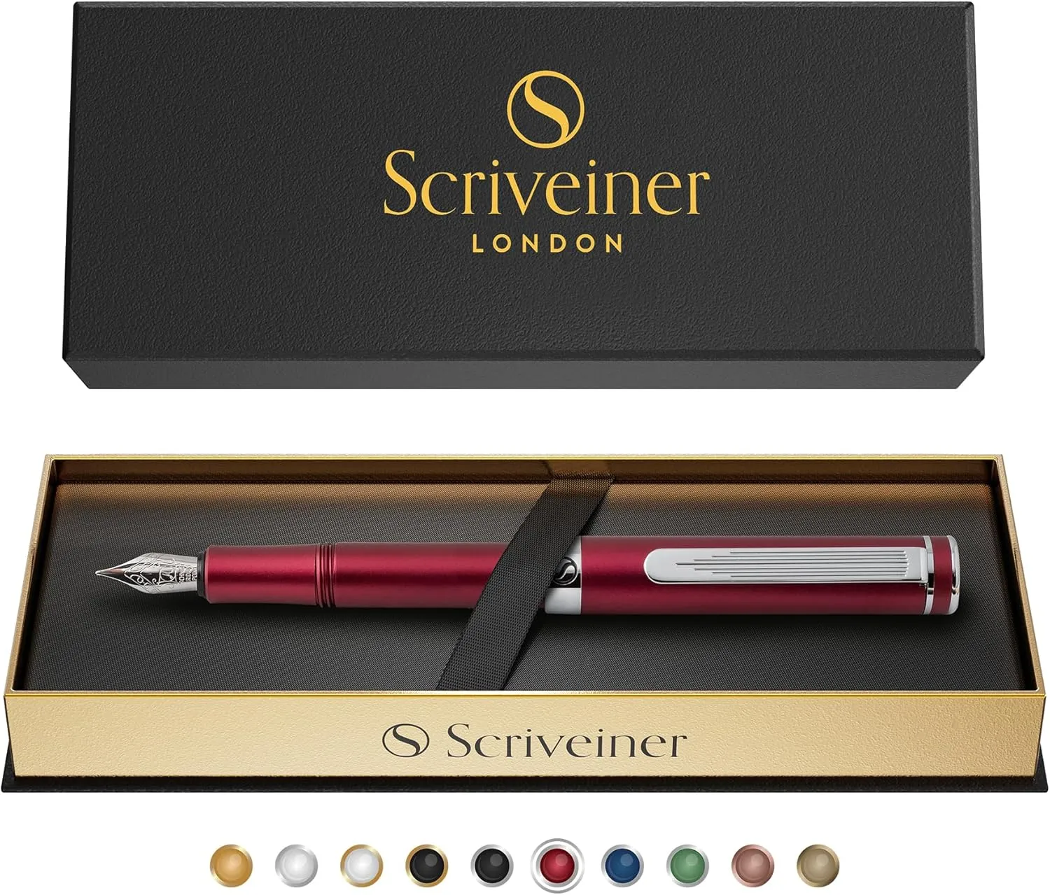Scriveiner Luxury EDC Fountain Pen (Fine), Stunning Matt Red Pocket EDC with Chrome Finish, Schmidt German Nib, Converter, A Great Writing Gift Set for Men & Women, Nice Fancy Office Designer Pen