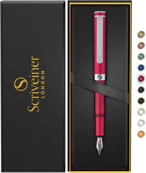 Scriveiner Luxury EDC Fountain Pen (Fine), Stunning Matt Red Pocket EDC with Chrome Finish, Schmidt German Nib, Converter, A Great Writing Gift Set for Men & Women, Nice Fancy Office Designer Pen