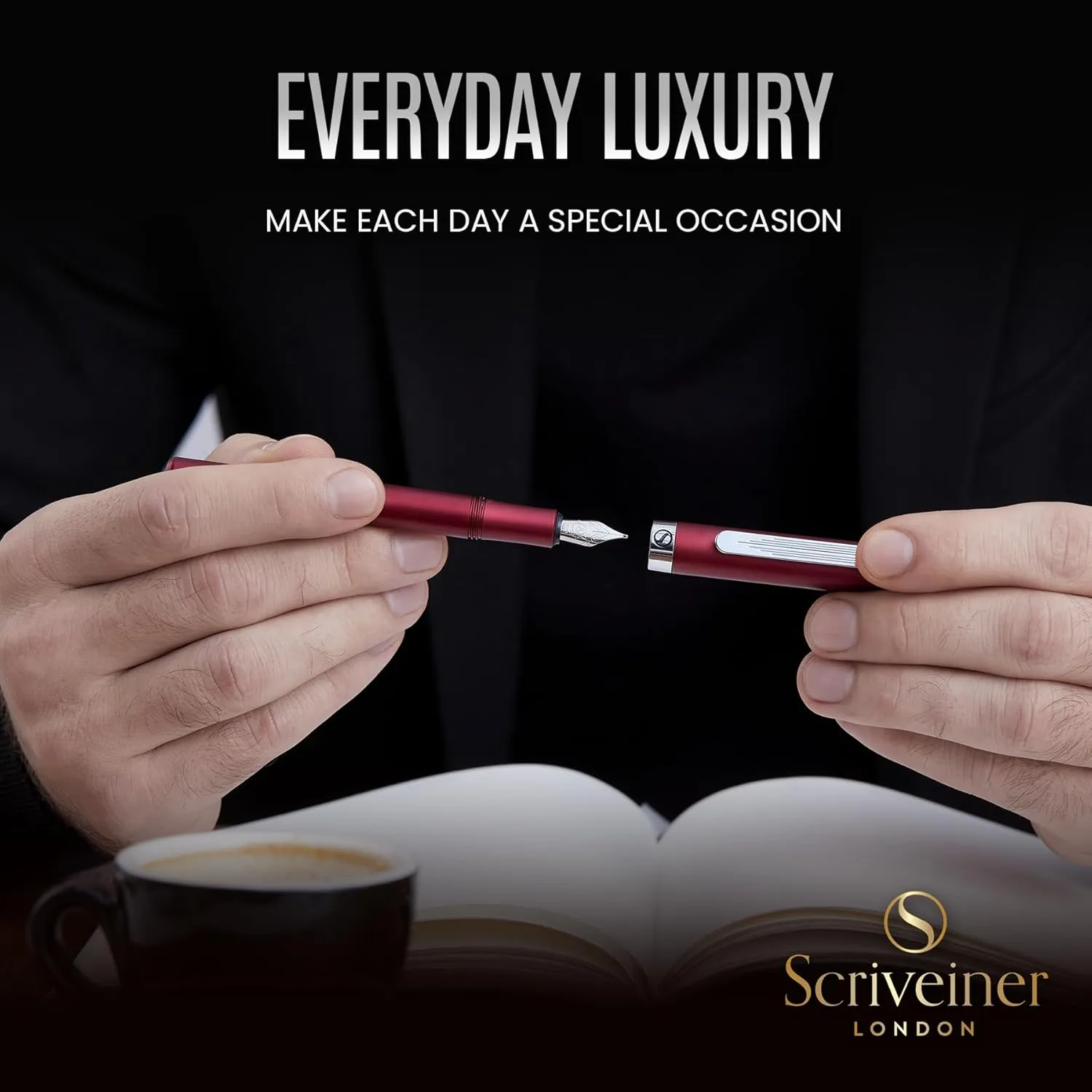 Scriveiner Luxury EDC Fountain Pen (Fine), Stunning Matt Red Pocket EDC with Chrome Finish, Schmidt German Nib, Converter, A Great Writing Gift Set for Men & Women, Nice Fancy Office Designer Pen