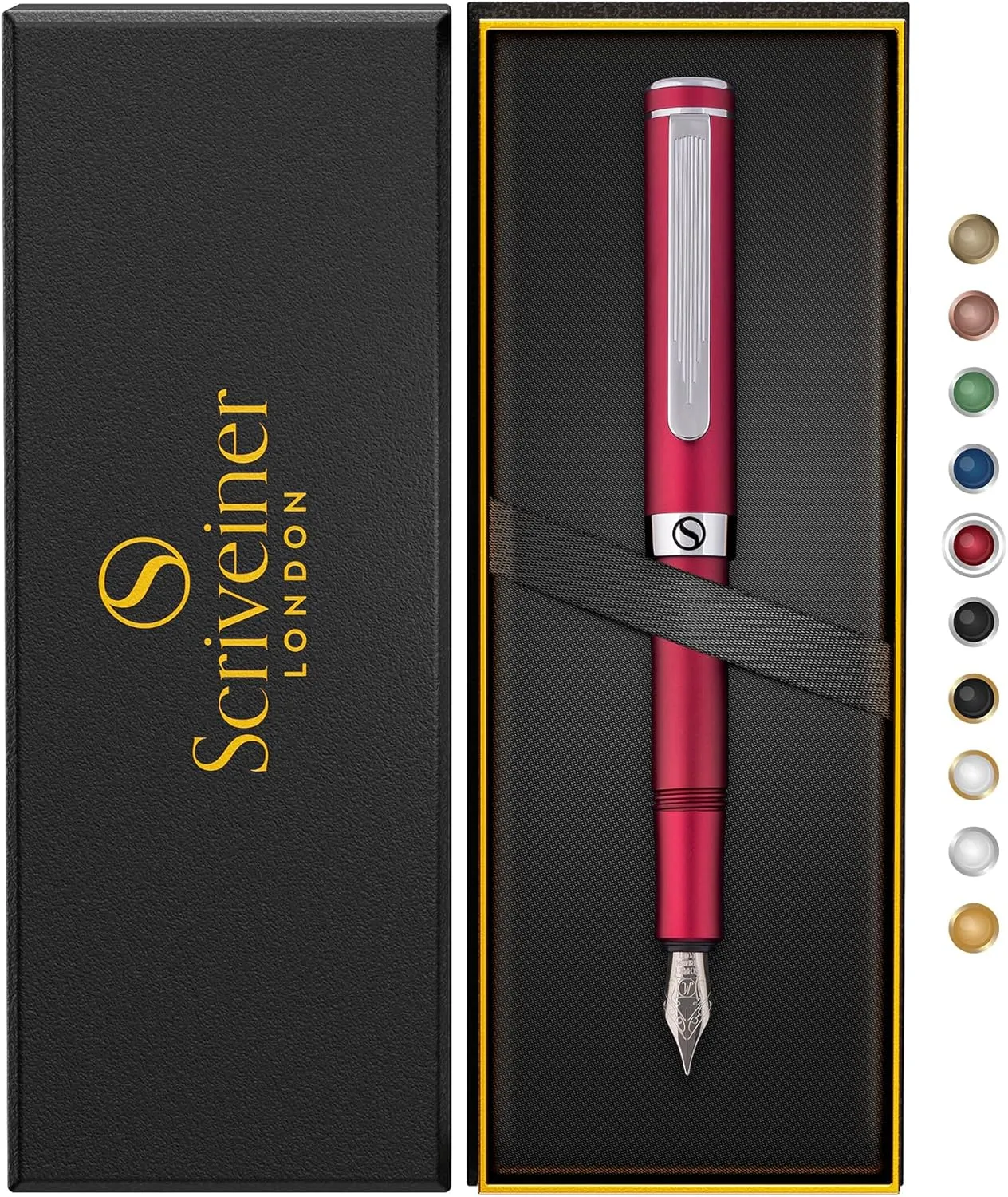 Scriveiner Luxury EDC Fountain Pen (Fine), Stunning Matt Red Pocket EDC with Chrome Finish, Schmidt German Nib, Converter, A Great Writing Gift Set for Men & Women, Nice Fancy Office Designer Pen