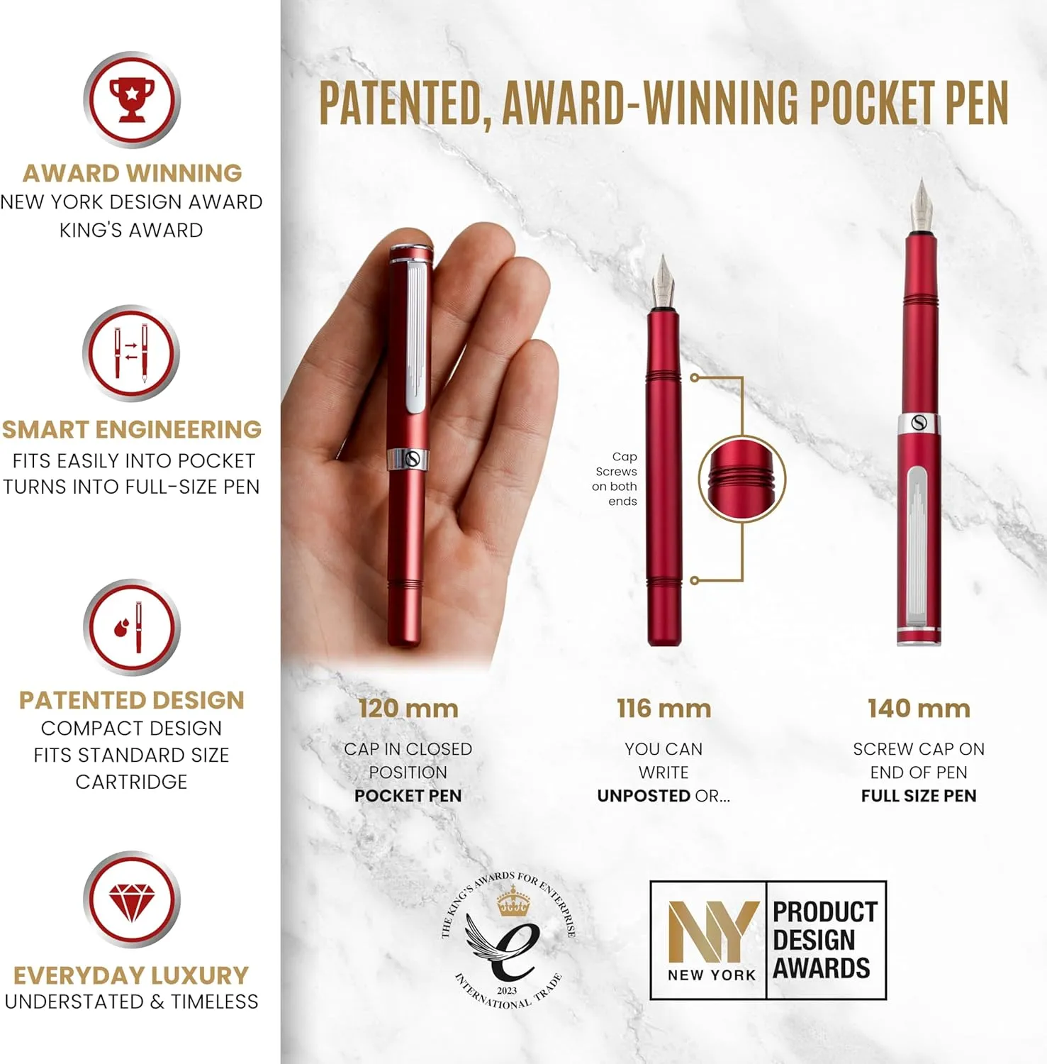 Scriveiner Luxury EDC Fountain Pen (Fine), Stunning Matt Red Pocket EDC with Chrome Finish, Schmidt German Nib, Converter, A Great Writing Gift Set for Men & Women, Nice Fancy Office Designer Pen