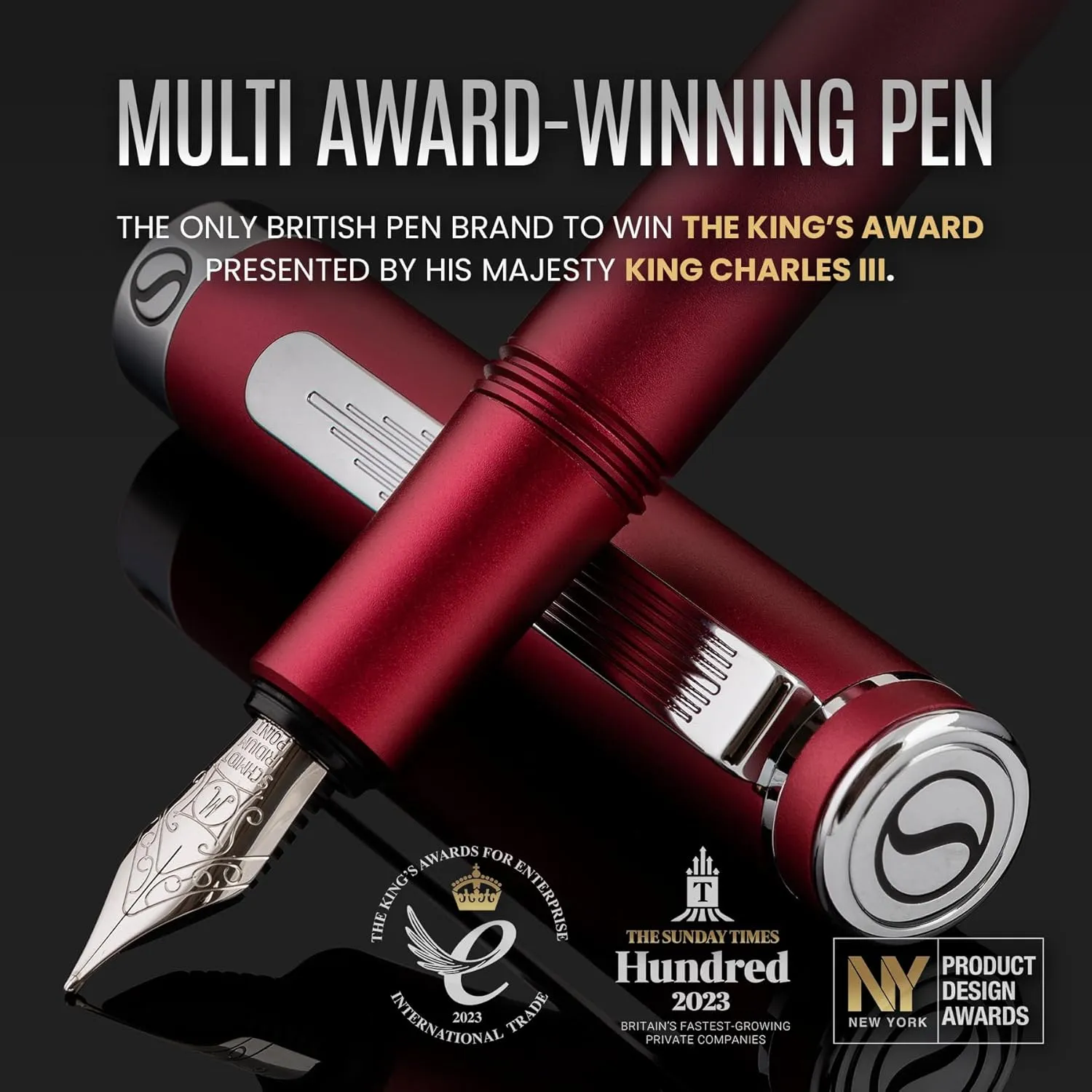 Scriveiner Luxury EDC Fountain Pen (Fine), Stunning Matt Red Pocket EDC with Chrome Finish, Schmidt German Nib, Converter, A Great Writing Gift Set for Men & Women, Nice Fancy Office Designer Pen