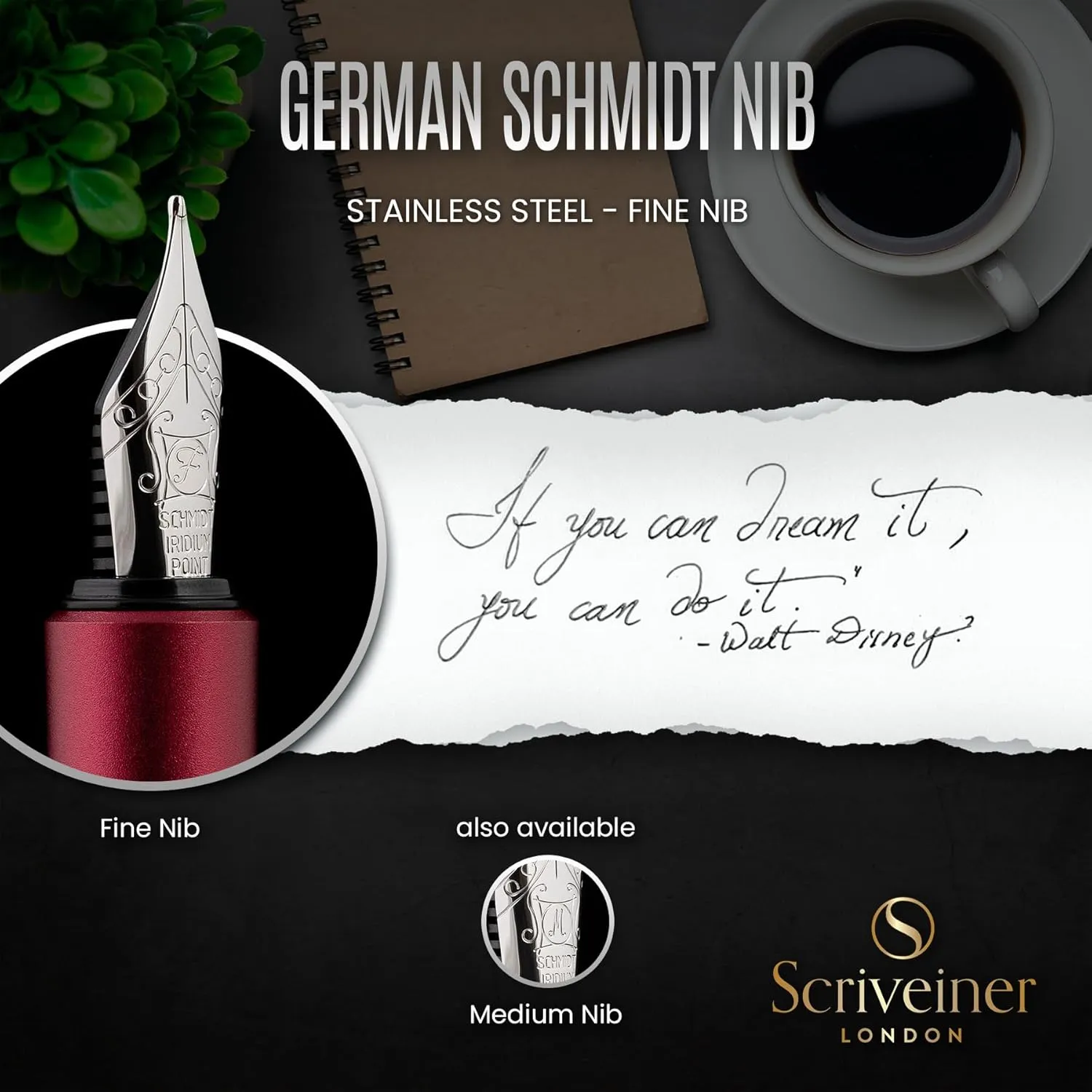 Scriveiner Luxury EDC Fountain Pen (Fine), Stunning Matt Red Pocket EDC with Chrome Finish, Schmidt German Nib, Converter, A Great Writing Gift Set for Men & Women, Nice Fancy Office Designer Pen