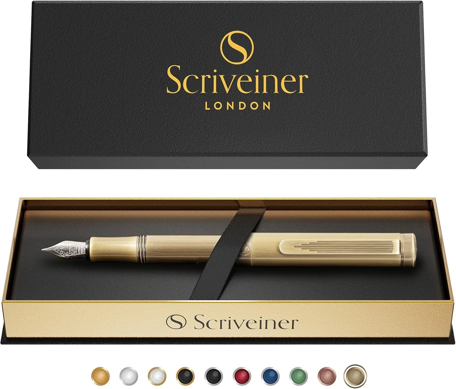 Scriveiner Luxury EDC Fountain Pen (Medium), Stunning Heavy Brass Pocket Pen, Hand Brushed Bronze Finish, Schmidt German Nib Converter, Best Writing Pen Gift Set for Men Women, Nice Fancy Designer Pen