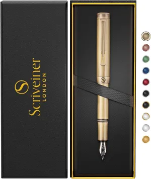 Scriveiner Luxury EDC Fountain Pen (Medium), Stunning Heavy Brass Pocket Pen, Hand Brushed Bronze Finish, Schmidt German Nib Converter, Best Writing Pen Gift Set for Men Women, Nice Fancy Designer Pen