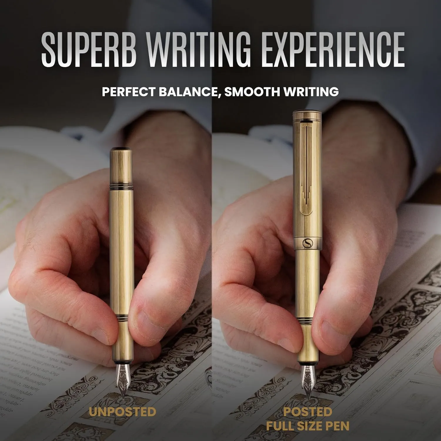 Scriveiner Luxury EDC Fountain Pen (Medium), Stunning Heavy Brass Pocket Pen, Hand Brushed Bronze Finish, Schmidt German Nib Converter, Best Writing Pen Gift Set for Men Women, Nice Fancy Designer Pen