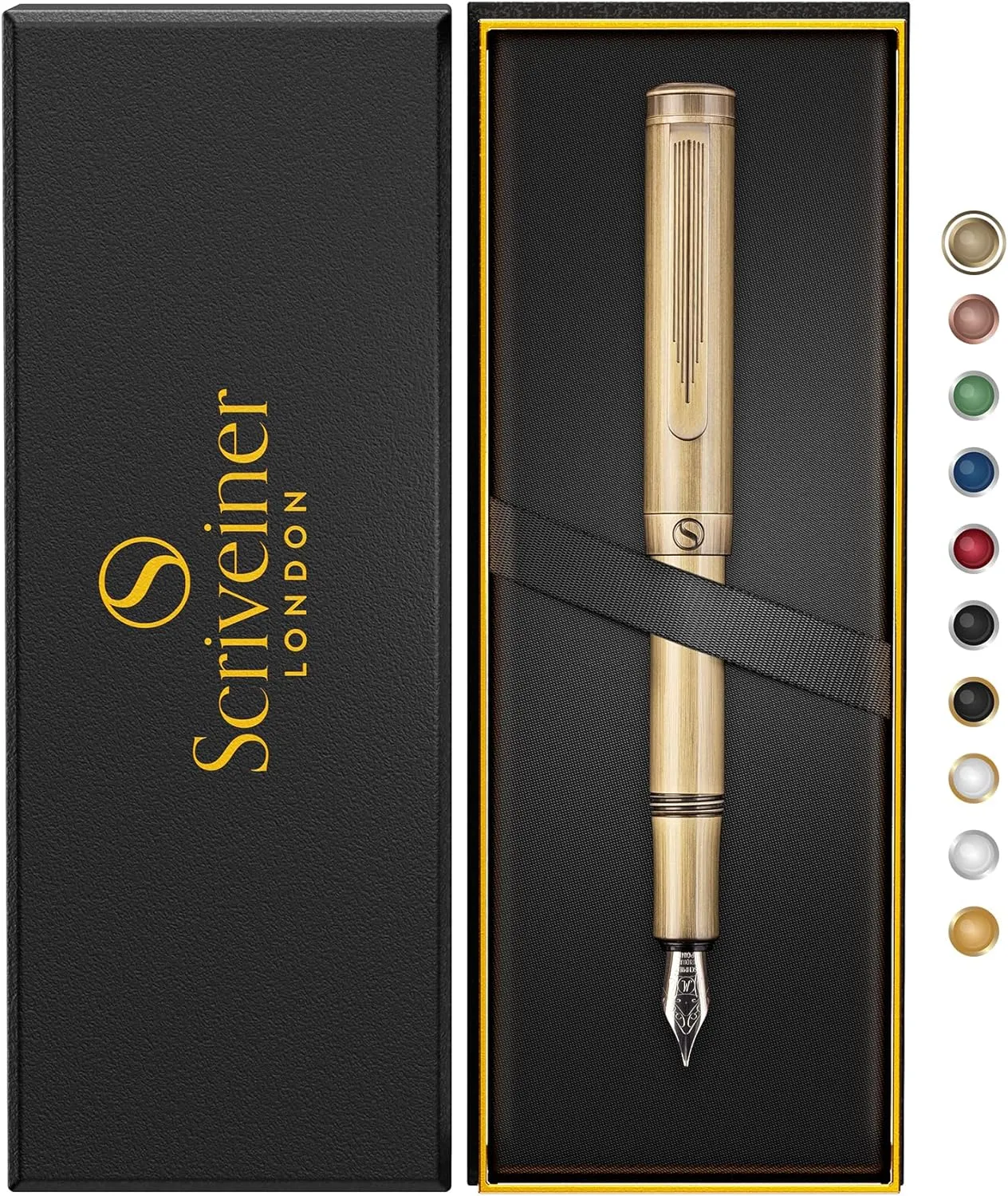 Scriveiner Luxury EDC Fountain Pen (Medium), Stunning Heavy Brass Pocket Pen, Hand Brushed Bronze Finish, Schmidt German Nib Converter, Best Writing Pen Gift Set for Men Women, Nice Fancy Designer Pen