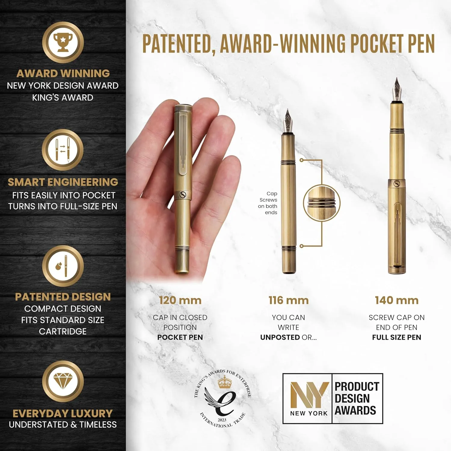 Scriveiner Luxury EDC Fountain Pen (Medium), Stunning Heavy Brass Pocket Pen, Hand Brushed Bronze Finish, Schmidt German Nib Converter, Best Writing Pen Gift Set for Men Women, Nice Fancy Designer Pen