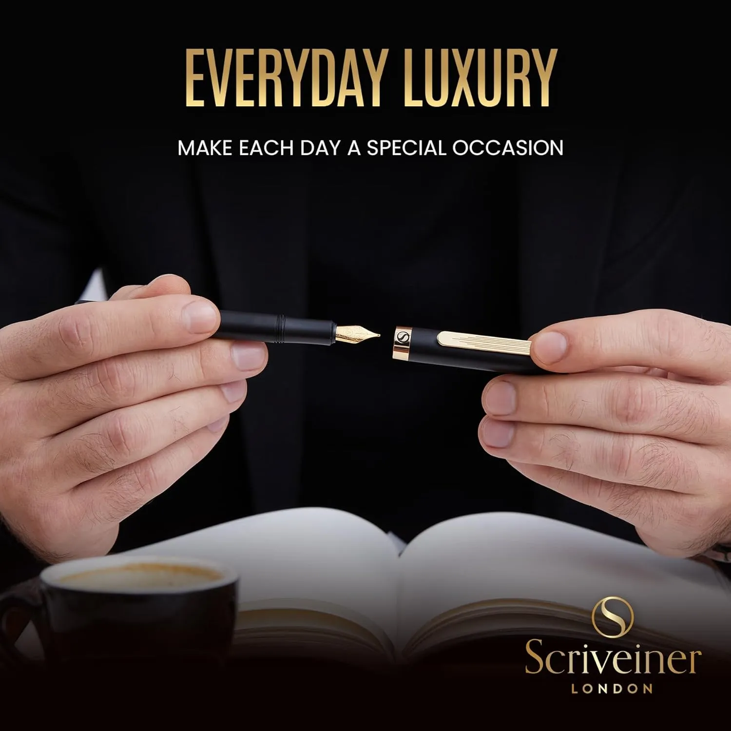 Scriveiner Luxury EDC Fountain Pen (Medium), Stunning Luxury Black Pocket Pen, Real Gold Plating, Schmidt Gilded Nib, Converter, Best Writing Gift Set for Men & Women, Nice Fancy Office Designer Pen