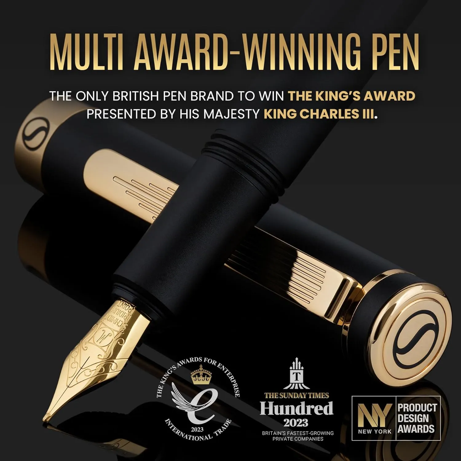 Scriveiner Luxury EDC Fountain Pen (Medium), Stunning Luxury Black Pocket Pen, Real Gold Plating, Schmidt Gilded Nib, Converter, Best Writing Gift Set for Men & Women, Nice Fancy Office Designer Pen