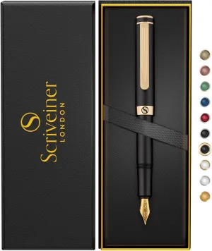 Scriveiner Luxury EDC Fountain Pen (Medium), Stunning Luxury Black Pocket Pen, Real Gold Plating, Schmidt Gilded Nib, Converter, Best Writing Gift Set for Men & Women, Nice Fancy Office Designer Pen