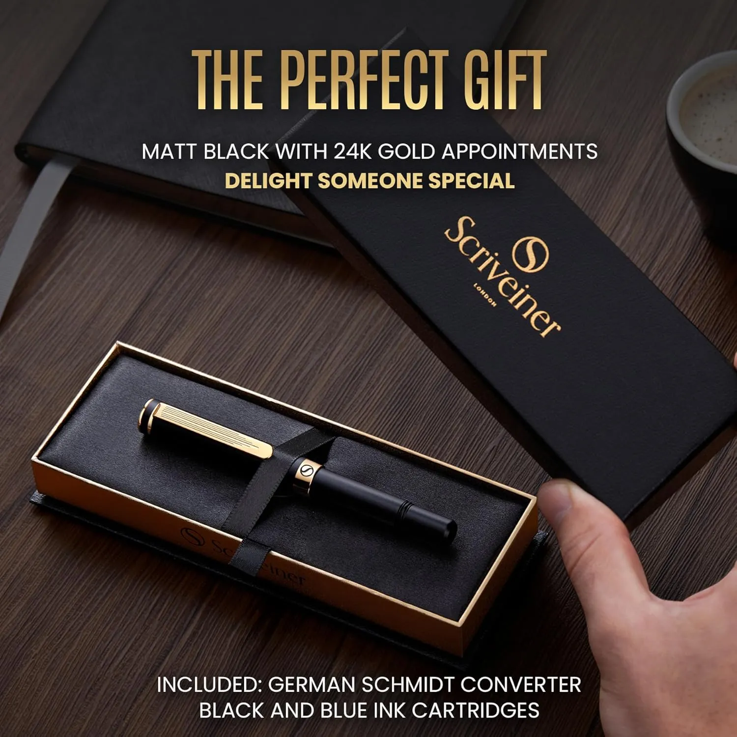 Scriveiner Luxury EDC Fountain Pen (Medium), Stunning Luxury Black Pocket Pen, Real Gold Plating, Schmidt Gilded Nib, Converter, Best Writing Gift Set for Men & Women, Nice Fancy Office Designer Pen