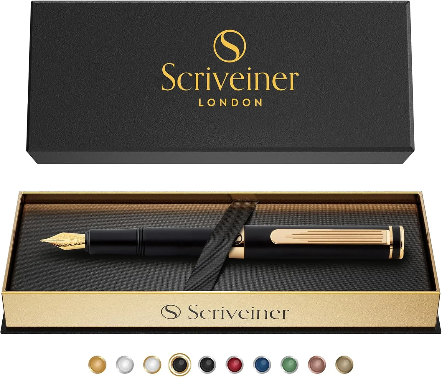 Scriveiner Luxury EDC Fountain Pen (Medium), Stunning Luxury Black Pocket Pen, Real Gold Plating, Schmidt Gilded Nib, Converter, Best Writing Gift Set for Men & Women, Nice Fancy Office Designer Pen