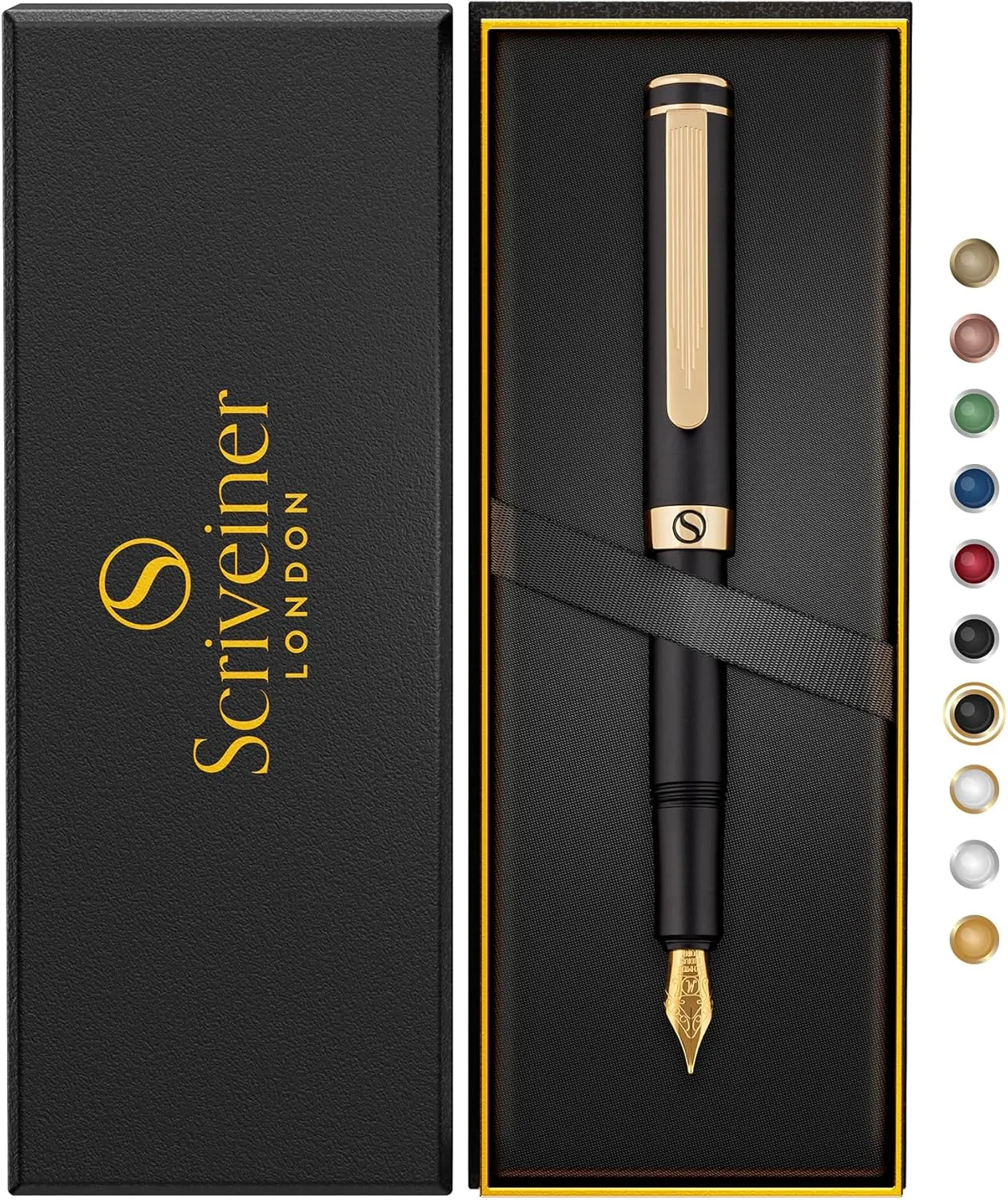 Scriveiner Luxury EDC Fountain Pen (Medium), Stunning Luxury Black Pocket Pen, Real Gold Plating, Schmidt Gilded Nib, Converter, Best Writing Gift Set for Men & Women, Nice Fancy Office Designer Pen