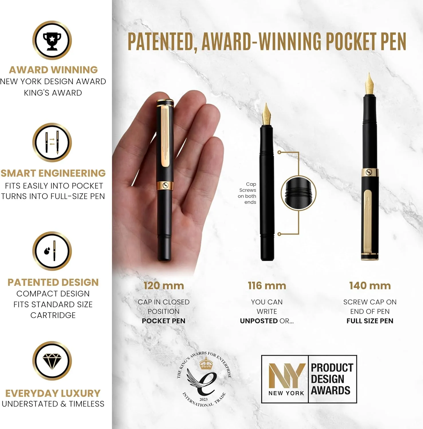 Scriveiner Luxury EDC Fountain Pen (Medium), Stunning Luxury Black Pocket Pen, Real Gold Plating, Schmidt Gilded Nib, Converter, Best Writing Gift Set for Men & Women, Nice Fancy Office Designer Pen