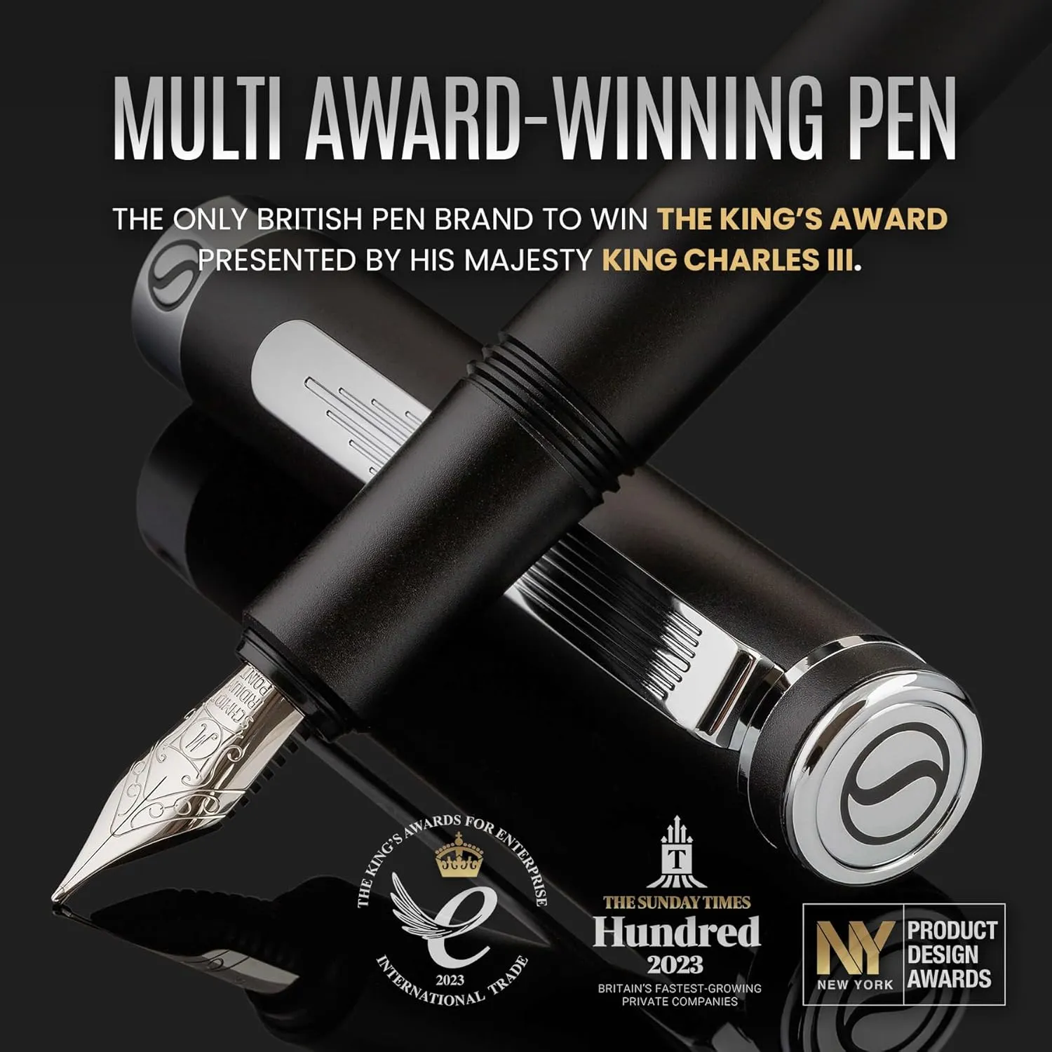 Scriveiner Luxury EDC Fountain Pen (Medium), Stunning Matt Black Pocket Pen, Chrome Finish, Schmidt 18K Gilded Nib, Converter, Best Writing Pen Gift Set for Men & Women, Nice Fancy Office Designer Pen