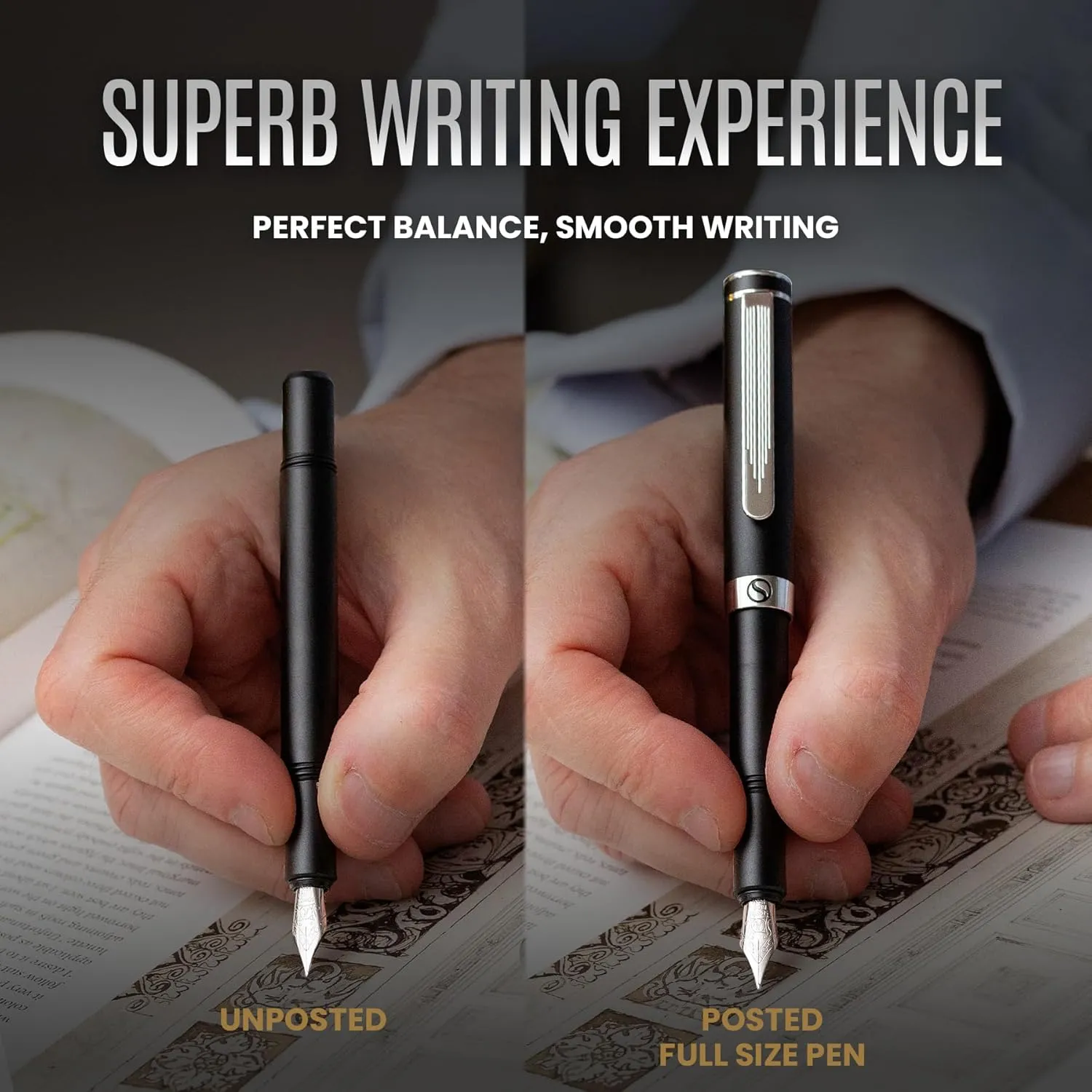 Scriveiner Luxury EDC Fountain Pen (Medium), Stunning Matt Black Pocket Pen, Chrome Finish, Schmidt 18K Gilded Nib, Converter, Best Writing Pen Gift Set for Men & Women, Nice Fancy Office Designer Pen