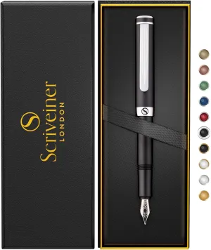 Scriveiner Luxury EDC Fountain Pen (Medium), Stunning Matt Black Pocket Pen, Chrome Finish, Schmidt 18K Gilded Nib, Converter, Best Writing Pen Gift Set for Men & Women, Nice Fancy Office Designer Pen