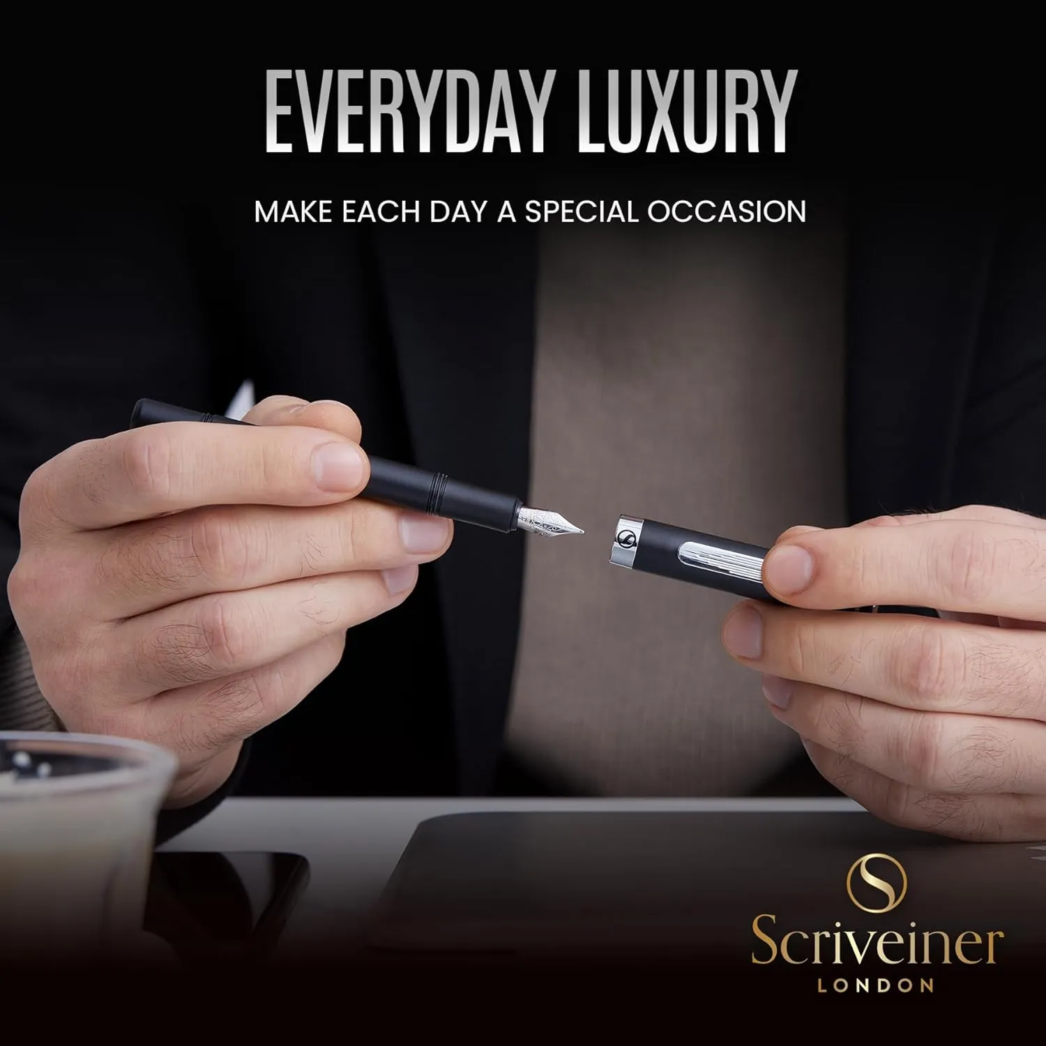 Scriveiner Luxury EDC Fountain Pen (Medium), Stunning Matt Black Pocket Pen, Chrome Finish, Schmidt 18K Gilded Nib, Converter, Best Writing Pen Gift Set for Men & Women, Nice Fancy Office Designer Pen