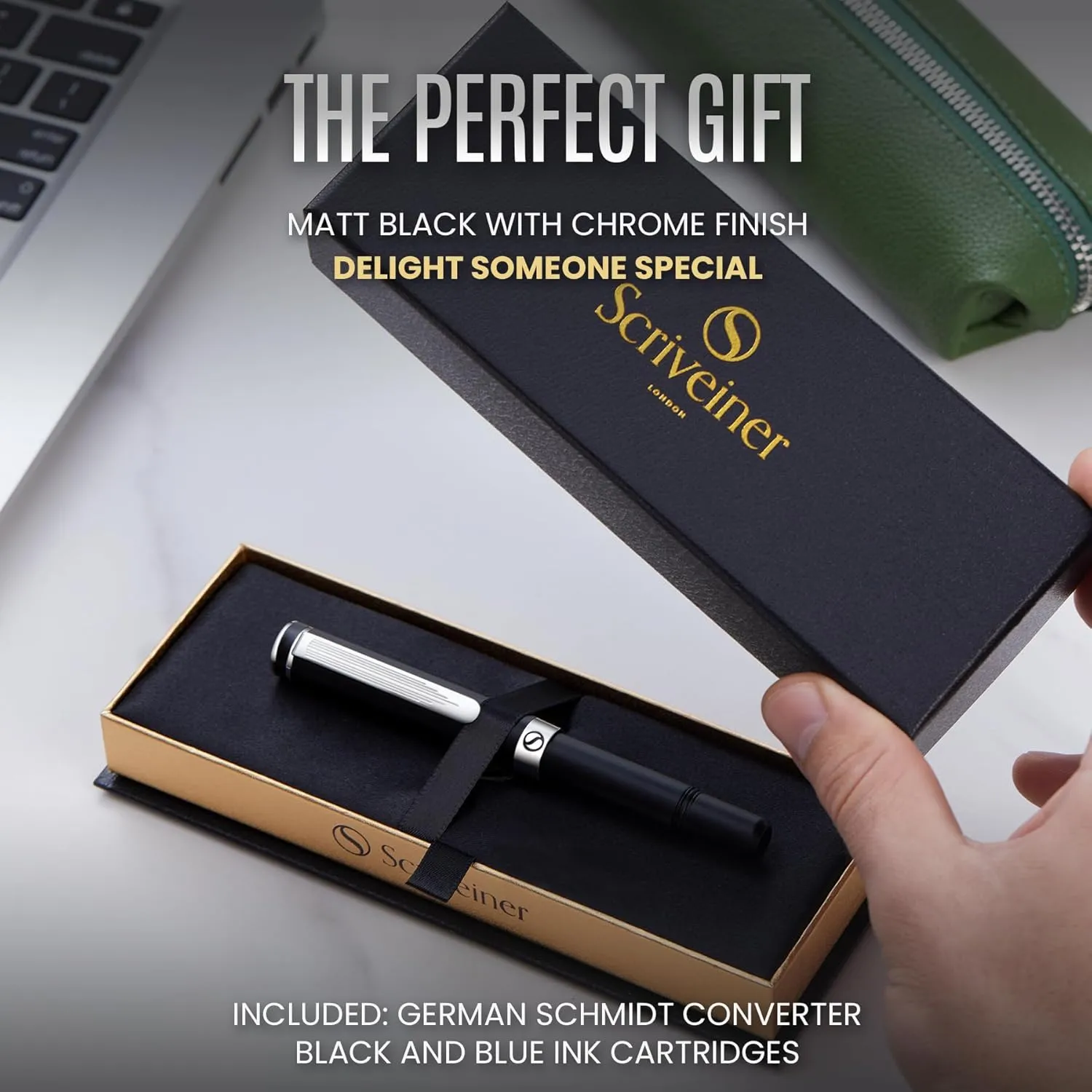 Scriveiner Luxury EDC Fountain Pen (Medium), Stunning Matt Black Pocket Pen, Chrome Finish, Schmidt 18K Gilded Nib, Converter, Best Writing Pen Gift Set for Men & Women, Nice Fancy Office Designer Pen