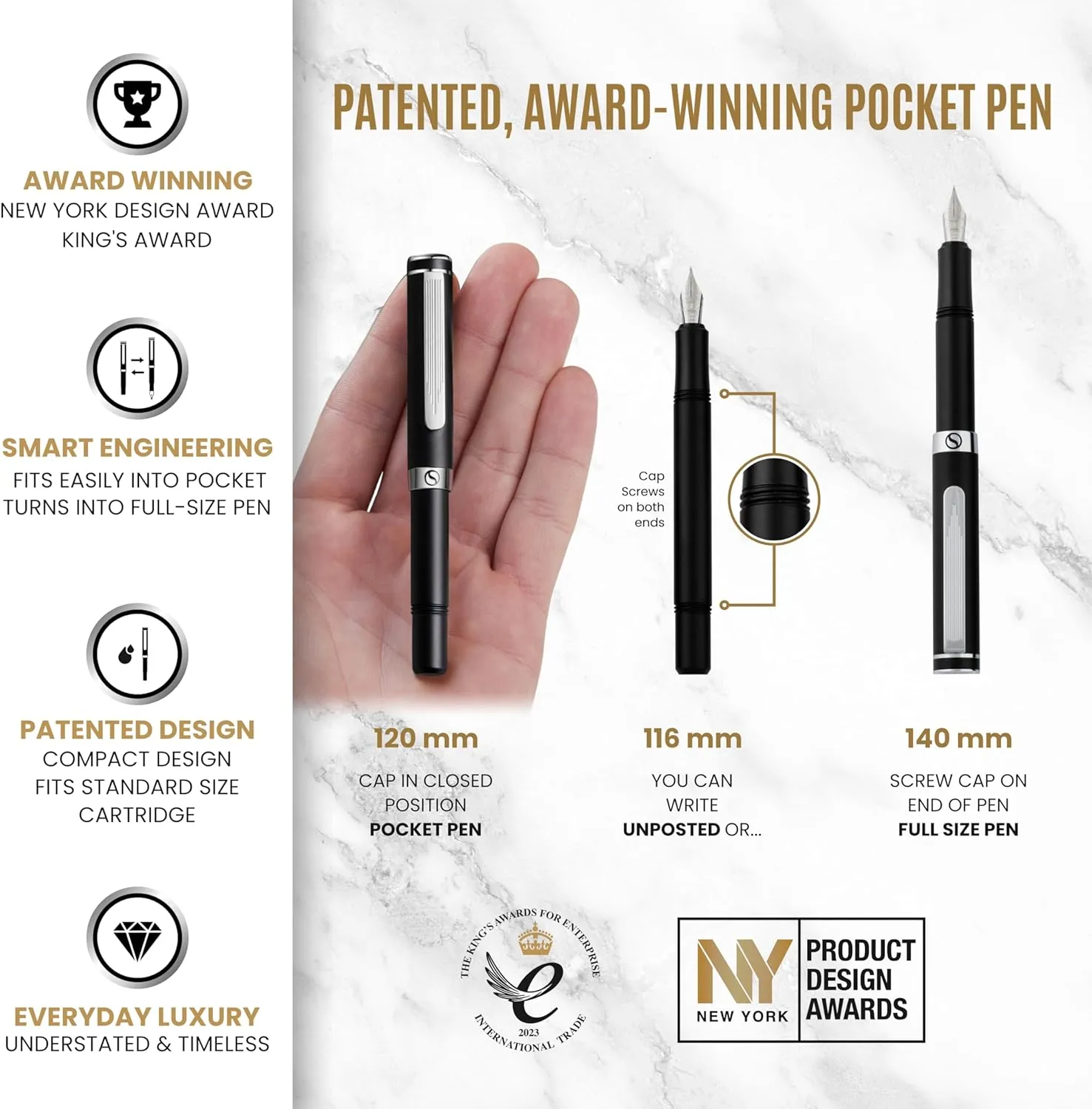 Scriveiner Luxury EDC Fountain Pen (Medium), Stunning Matt Black Pocket Pen, Chrome Finish, Schmidt 18K Gilded Nib, Converter, Best Writing Pen Gift Set for Men & Women, Nice Fancy Office Designer Pen