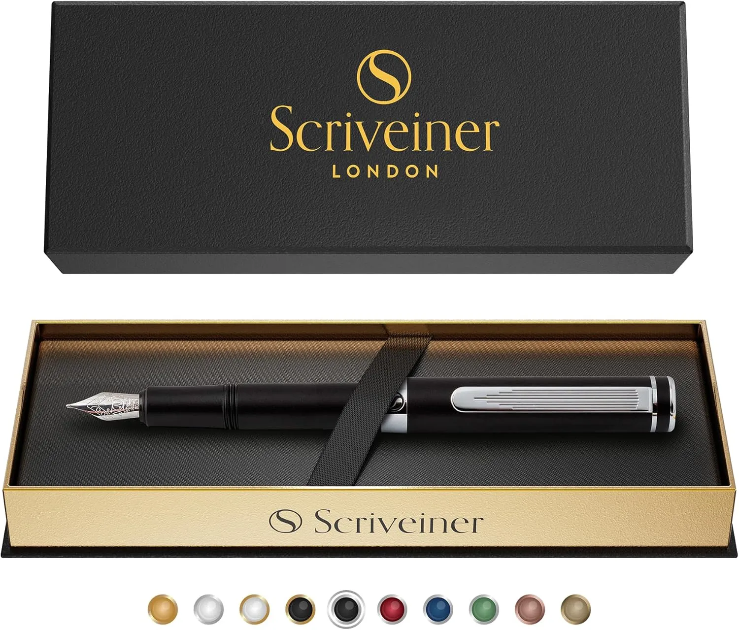 Scriveiner Luxury EDC Fountain Pen (Medium), Stunning Matt Black Pocket Pen, Chrome Finish, Schmidt 18K Gilded Nib, Converter, Best Writing Pen Gift Set for Men & Women, Nice Fancy Office Designer Pen
