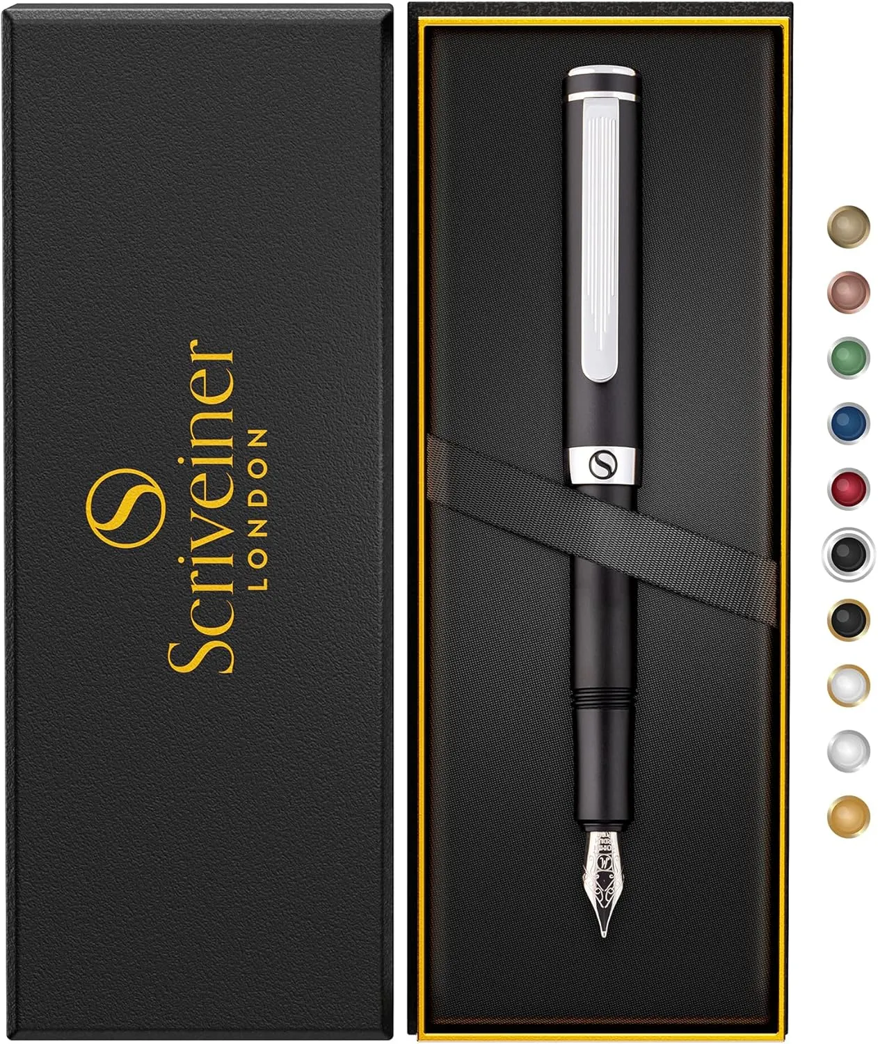 Scriveiner Luxury EDC Fountain Pen (Medium), Stunning Matt Black Pocket Pen, Chrome Finish, Schmidt 18K Gilded Nib, Converter, Best Writing Pen Gift Set for Men & Women, Nice Fancy Office Designer Pen