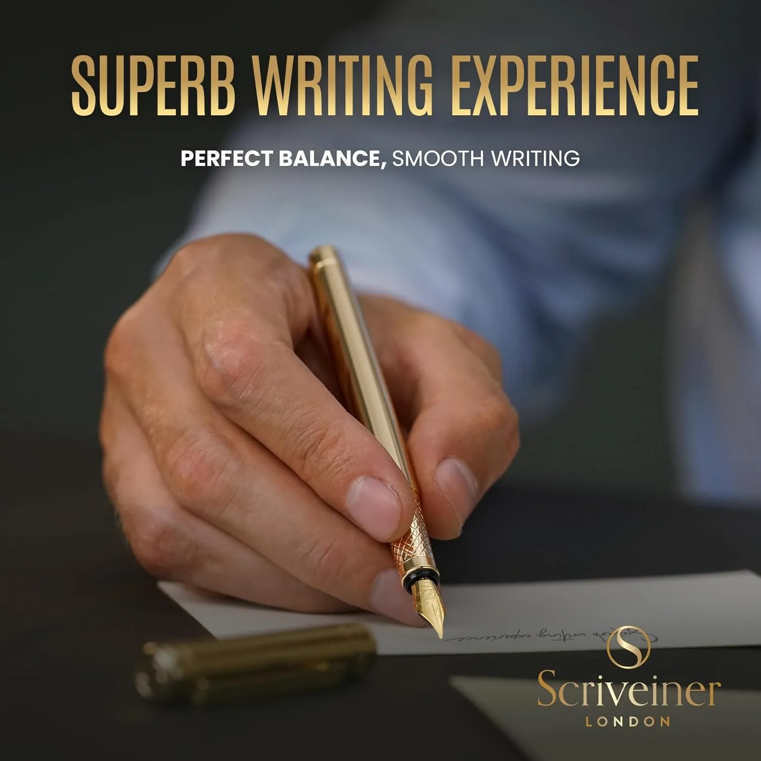 Scriveiner Luxury Fountain Pen - Stunning Gold Luxury Pen, Real Gold Plating, Schmidt Gilded Nib (Medium), Converter, Best Pen Gift Set for Men & Women, Professional, Executive, Office, Nice Pens