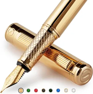 Scriveiner Luxury Fountain Pen - Stunning Gold Luxury Pen, Real Gold Plating, Schmidt Gilded Nib (Medium), Converter, Best Pen Gift Set for Men & Women, Professional, Executive, Office, Nice Pens